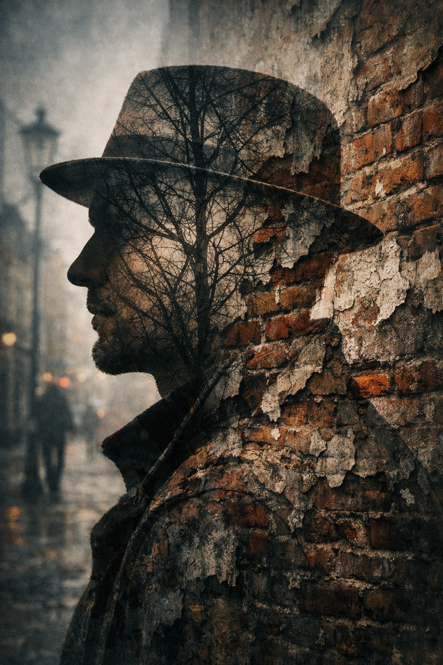 Artistic double exposure street photography idea of a man's silhouette over a textured brick wall.