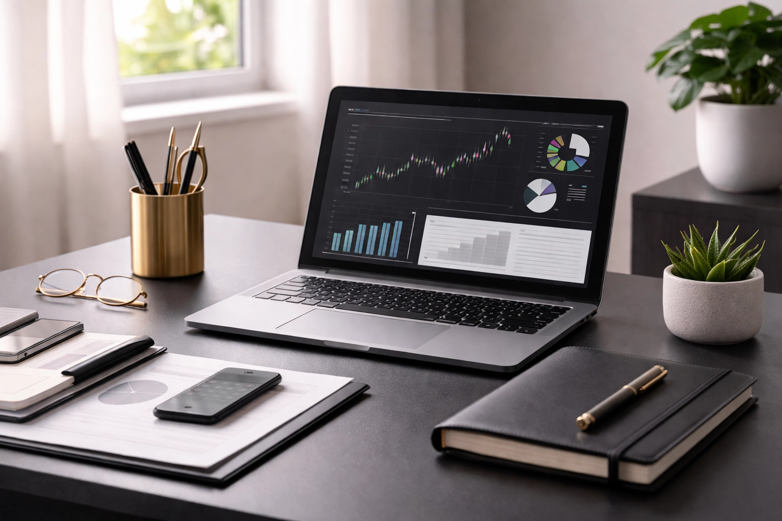 Home office desk setup with laptop and documents for digital property tax compliance in the UK