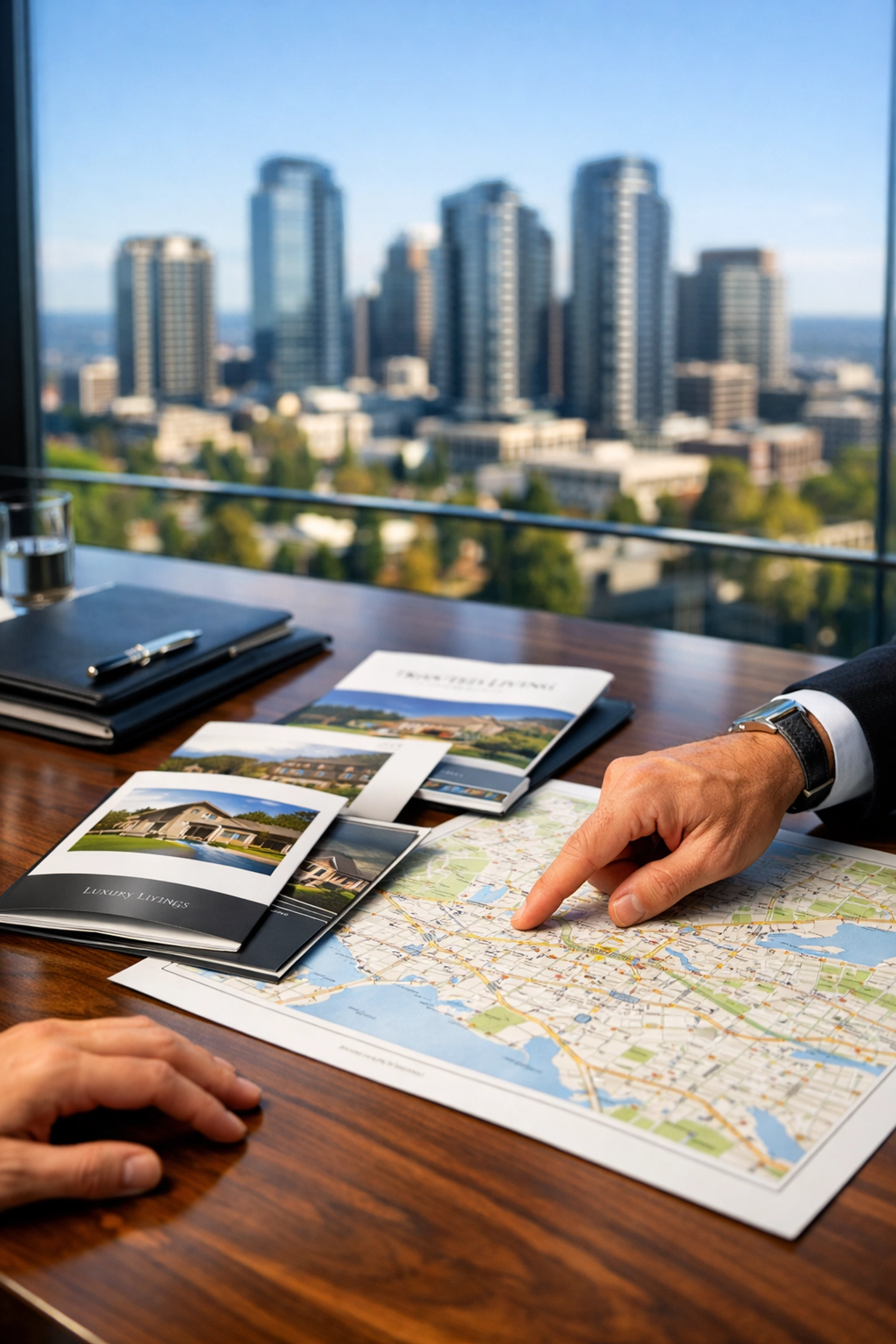 A luxury real estate advisor in Bellevue reviewing neighborhood maps and property brochures.