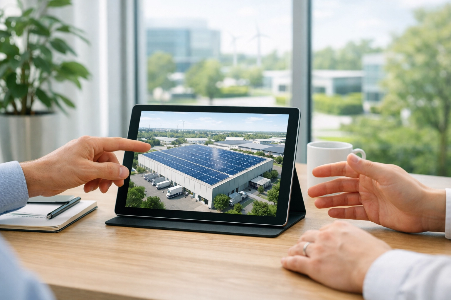 Business owner reviewing a commercial solar power installation plan during a professional consultation.