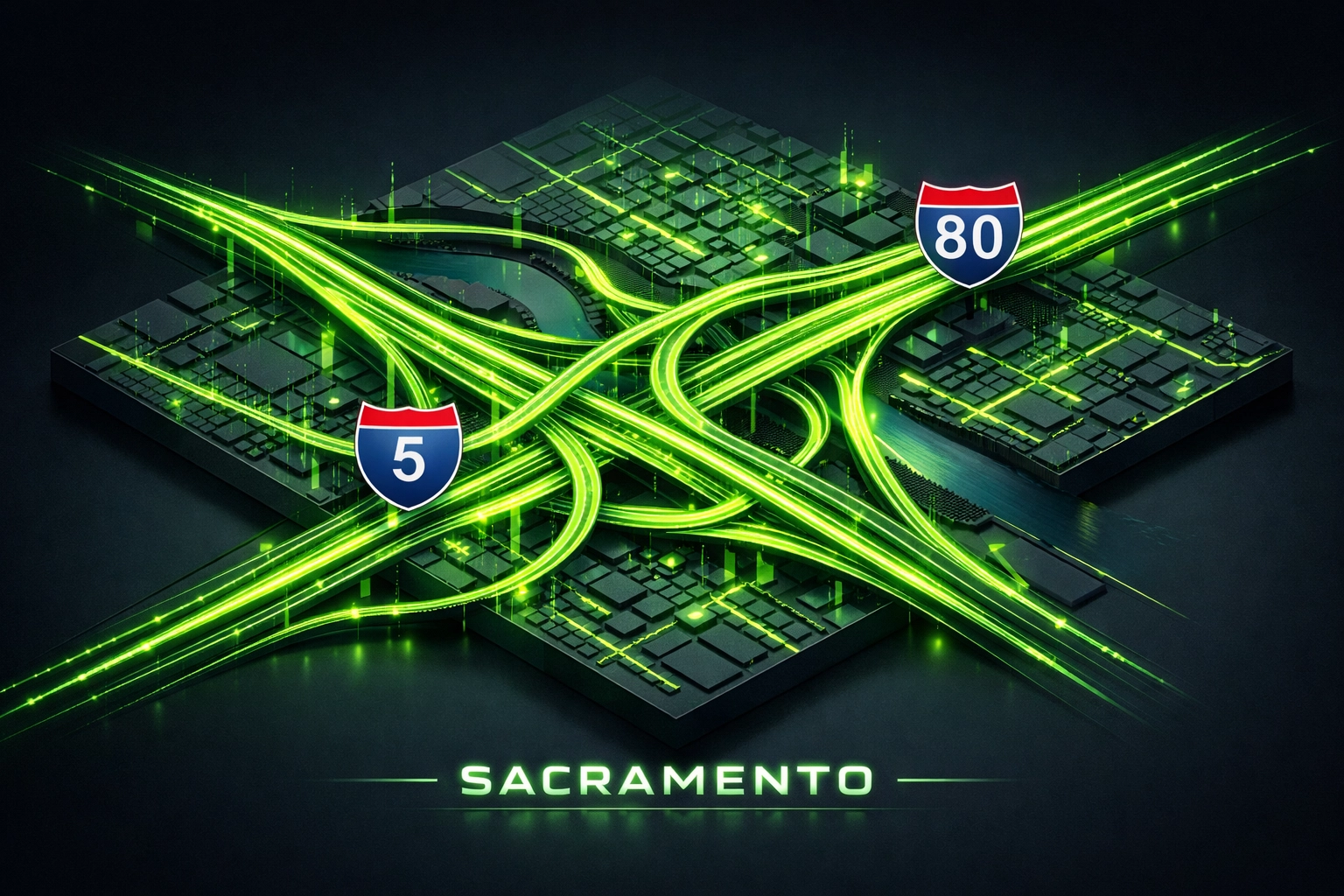 Digital map highlighting Sacramento highway interchanges I-5 and I-80 for towing territory lease coverage.