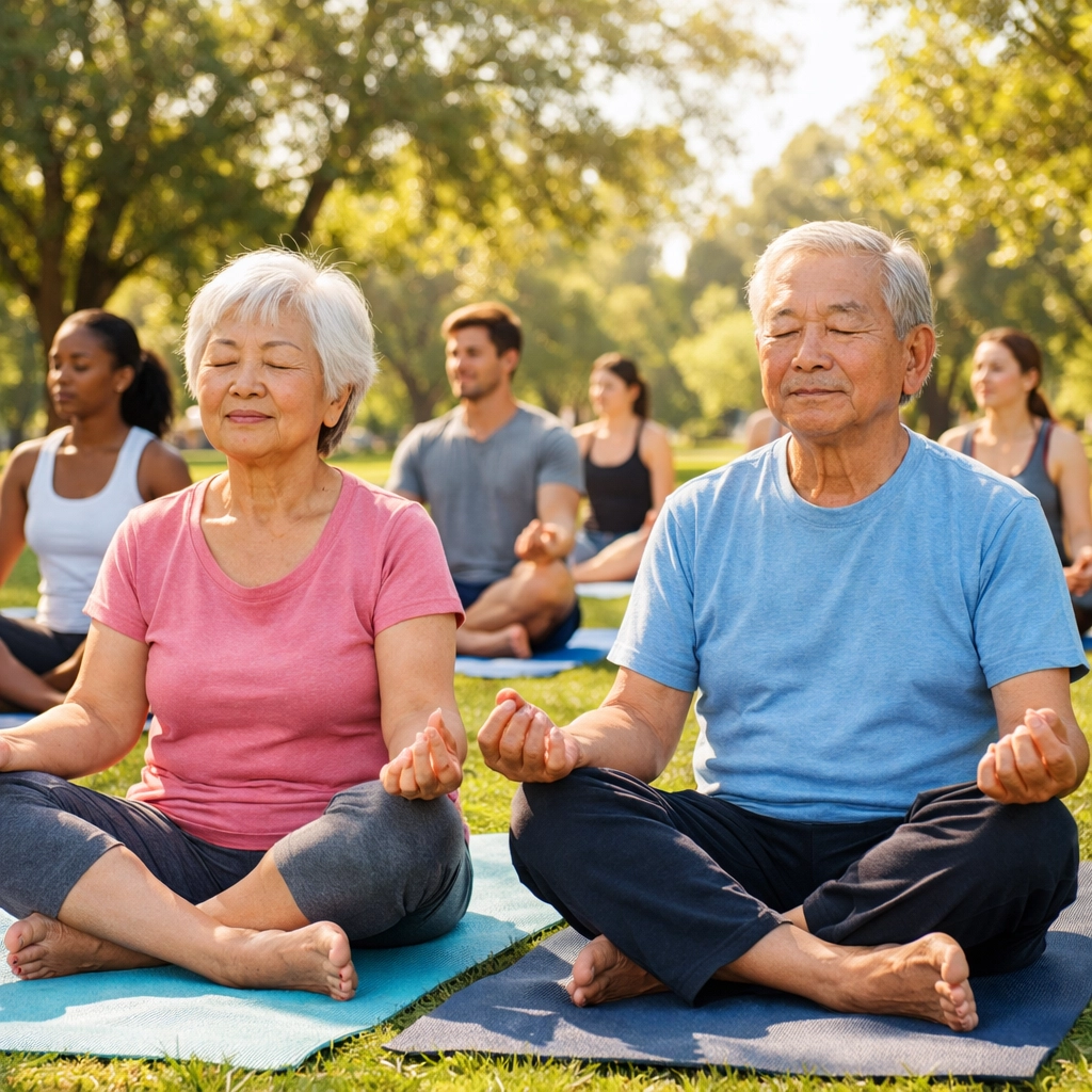 Senior couple practicing yoga outdoors for preventive health and active aging wellness