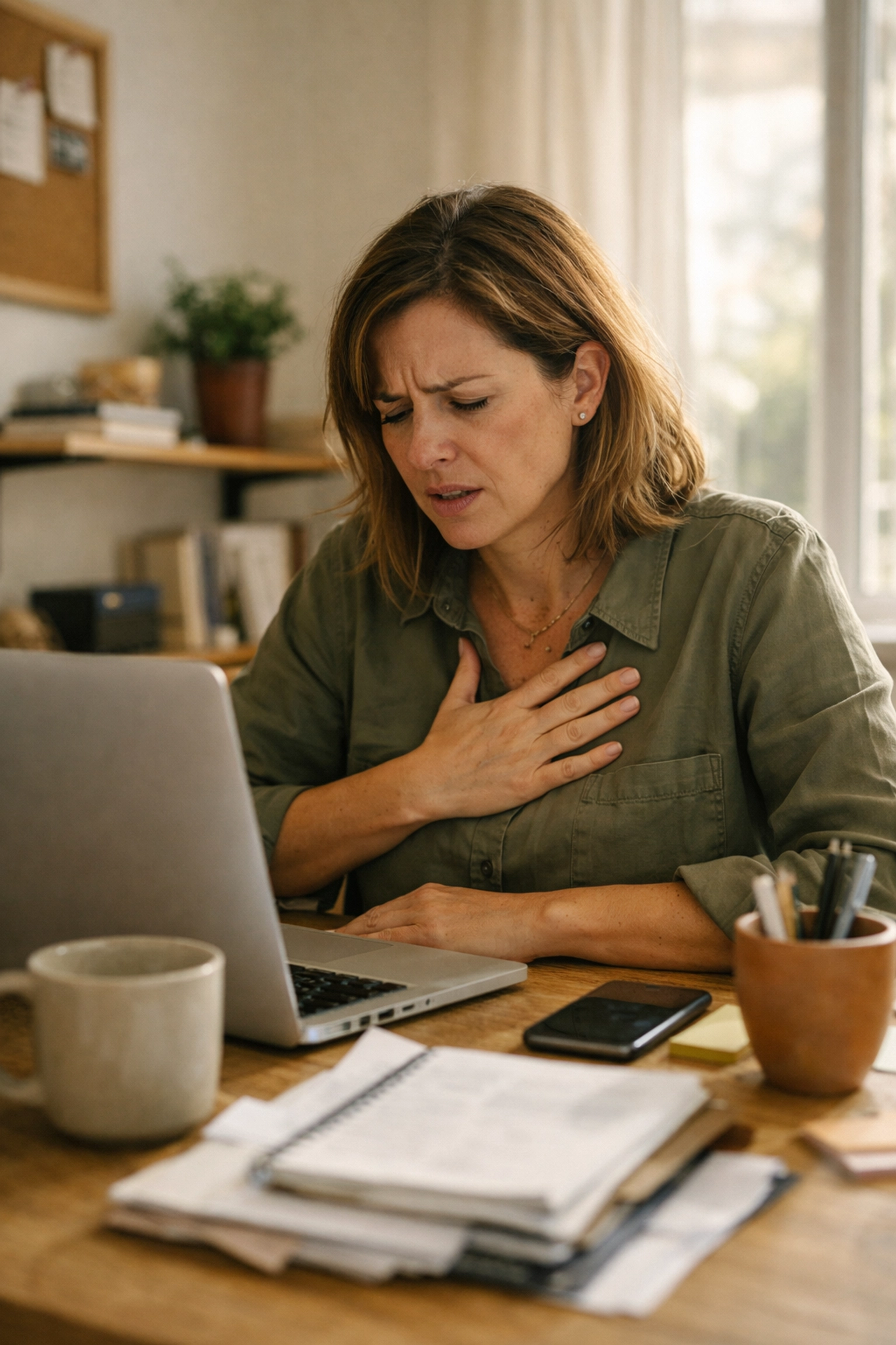 Woman overwhelmed at work desk experiencing burnout and nervous system stress