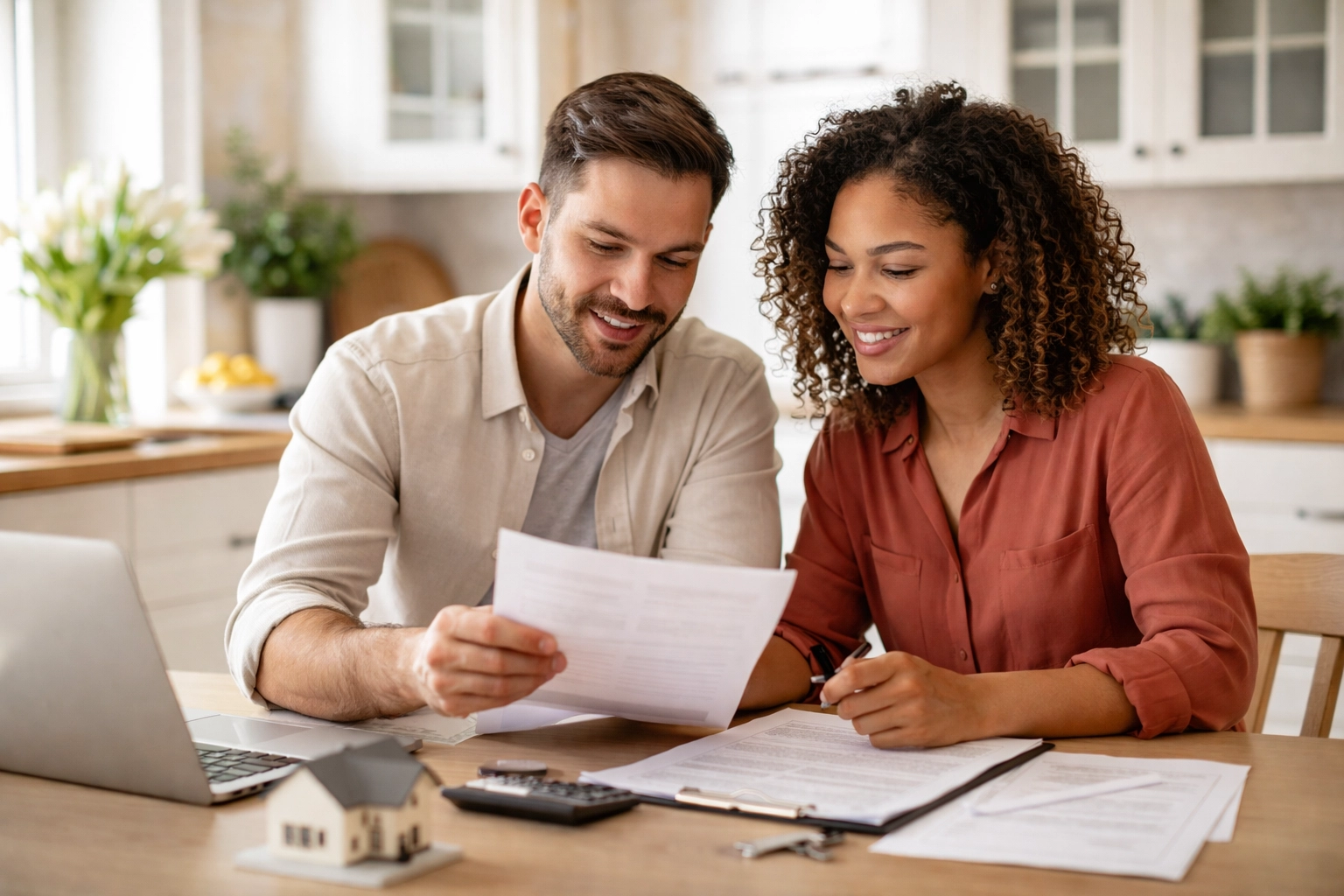 Triad NC couple reviewing home pricing paperwork at kitchen table while making selling decisions