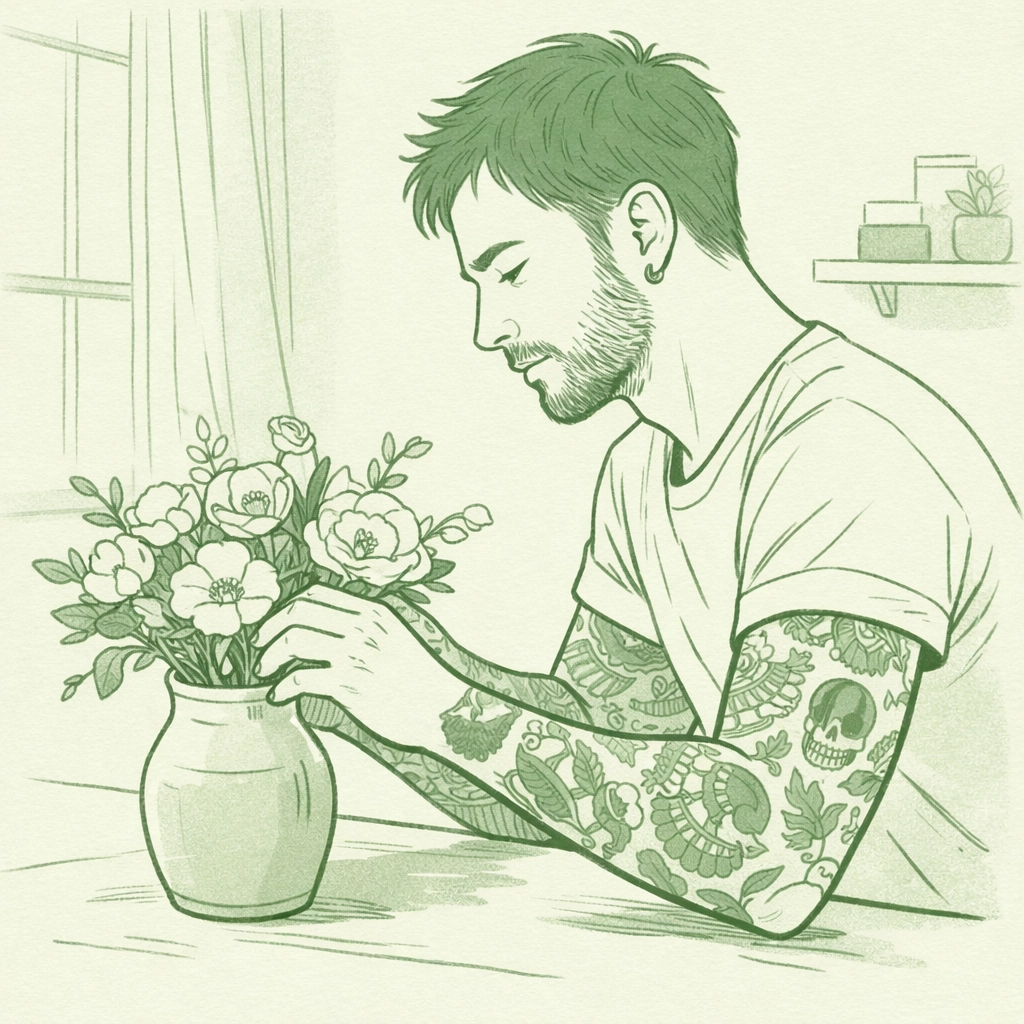 Tattooed man arranging flowers showing soft romantic side - gay romance stereotype breaking