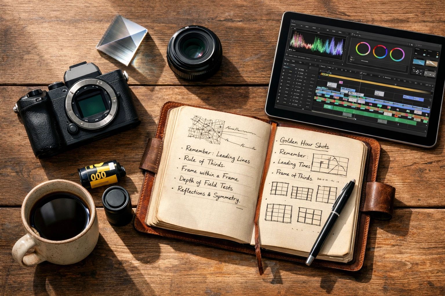 Photographer's desk with a mirrorless camera and journal showing photography tutorials and composition notes.