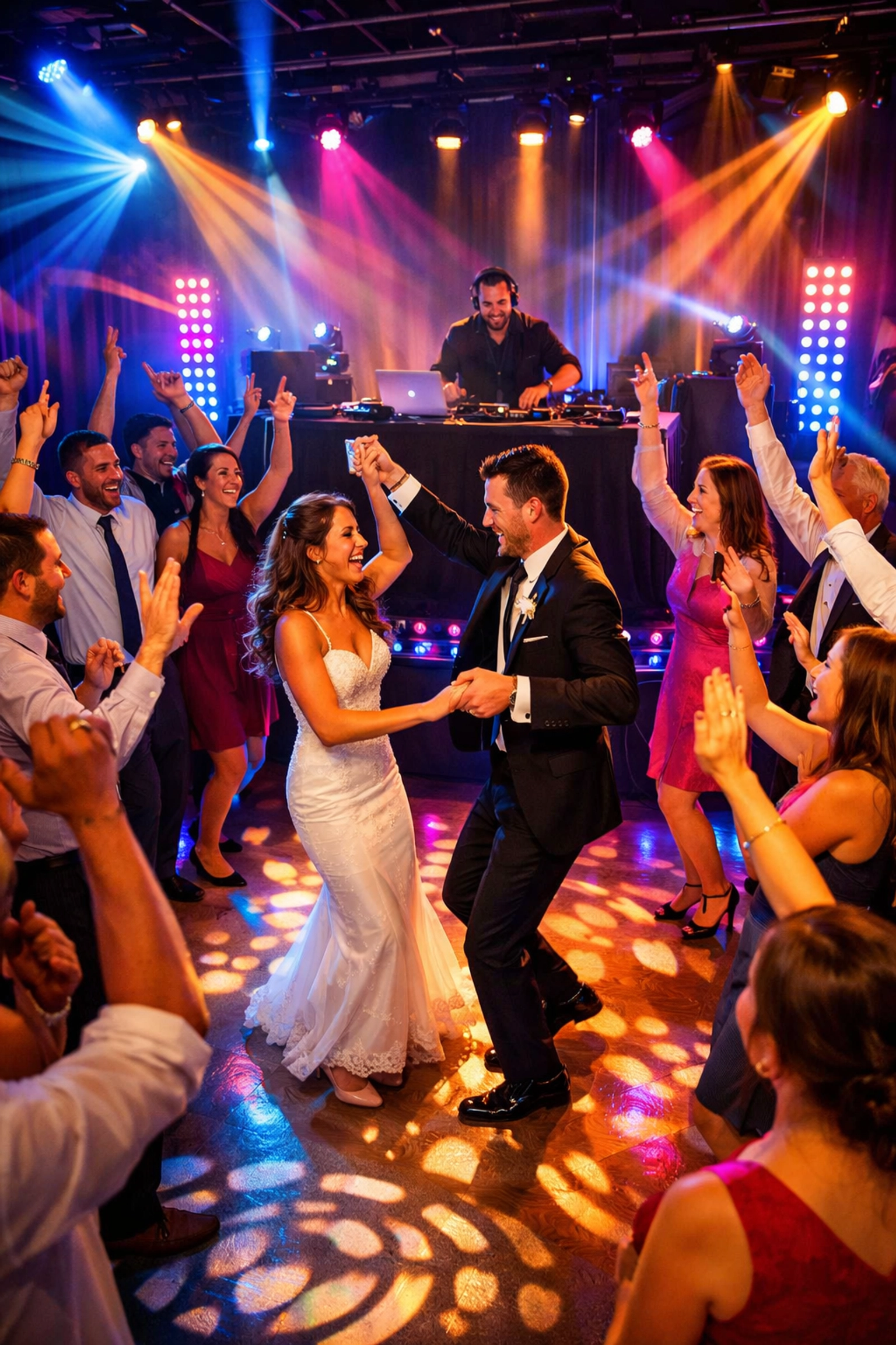 Guests dancing at wedding reception with luxury wedding DJ and dynamic lighting design