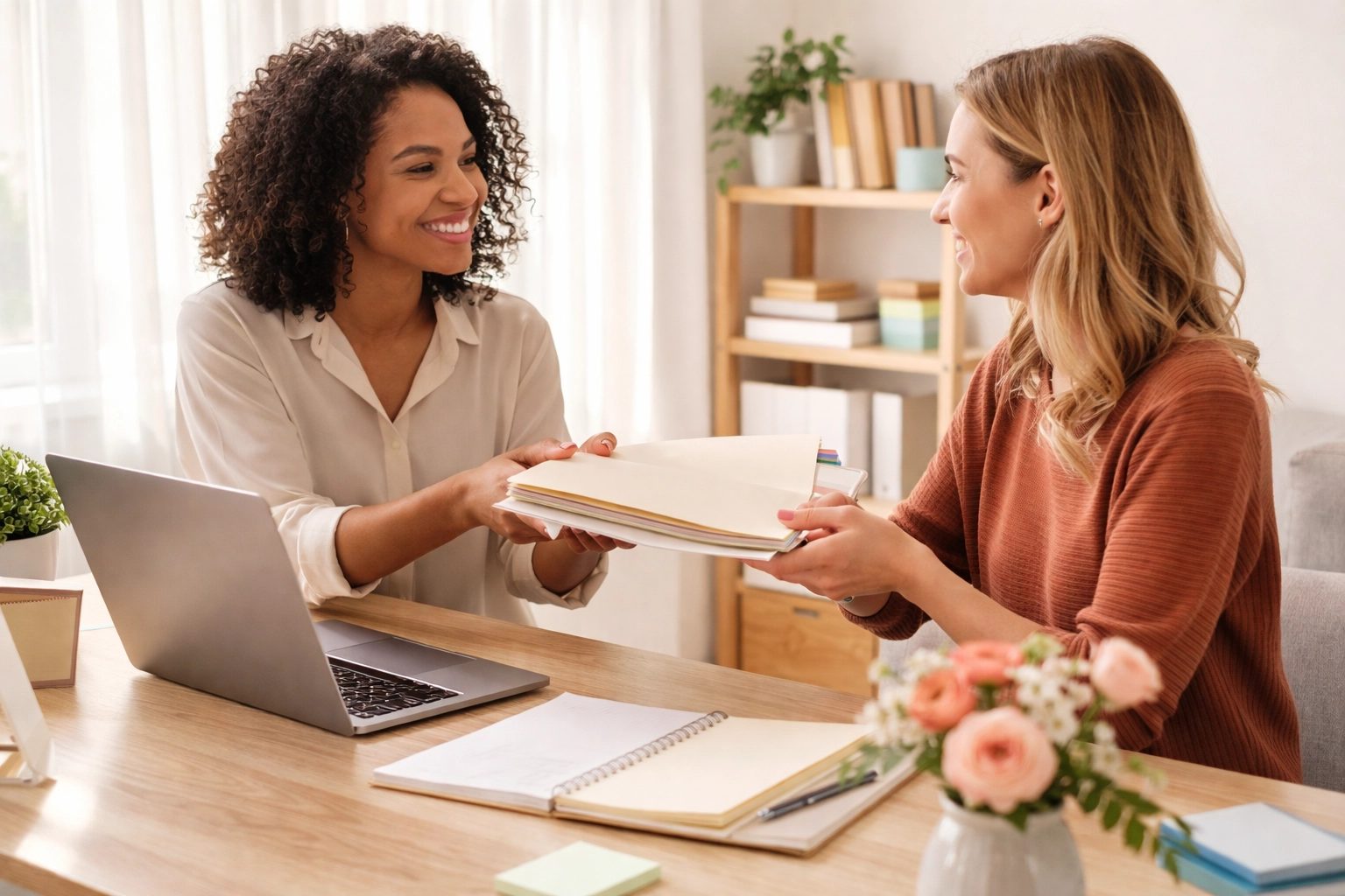 Two colleagues exchanging organized folders at a desk, representing teamwork and efficient task delegation