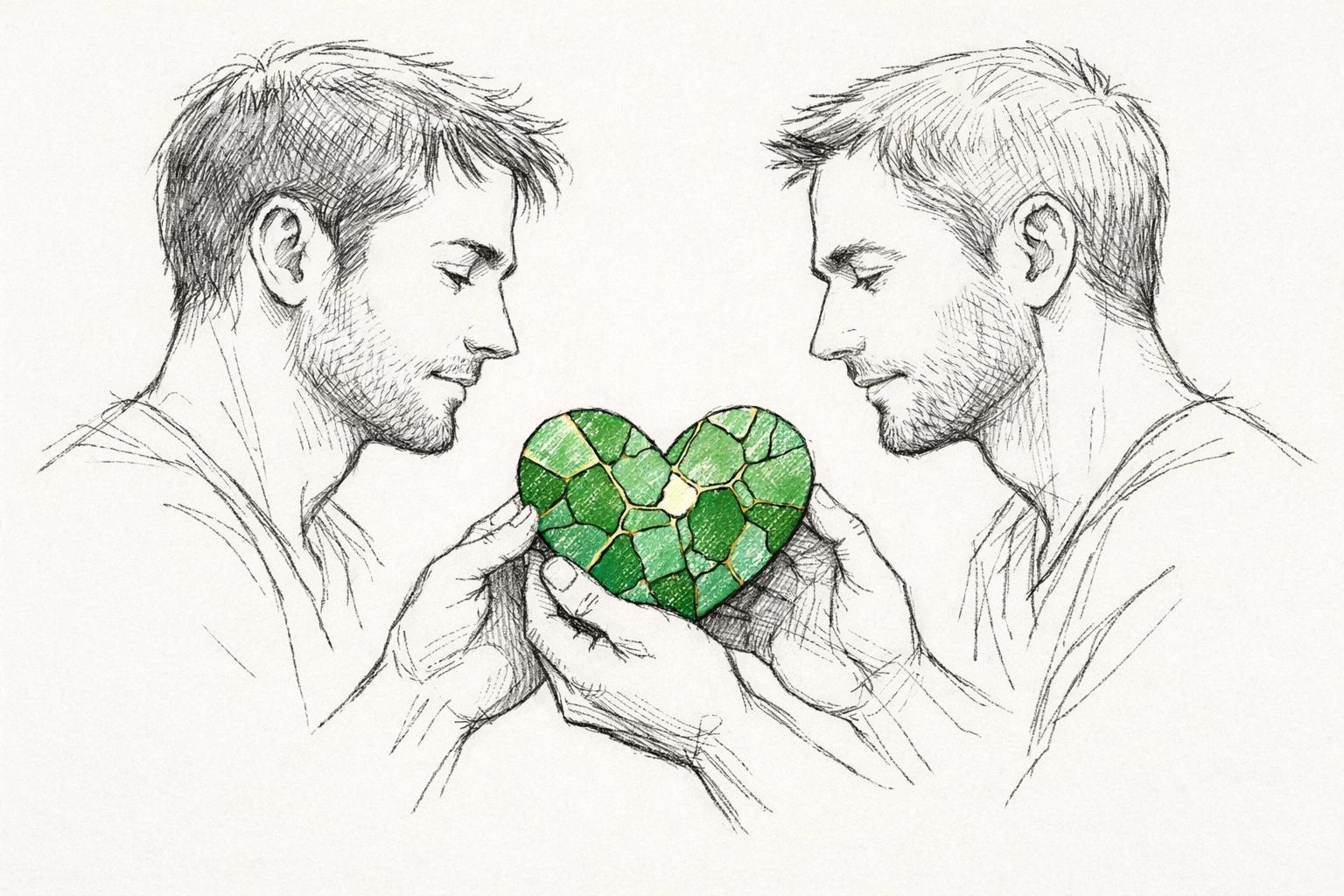 Two men carefully holding a mended mosaic heart, representing the power of love to heal in LGBTQ+ fiction.