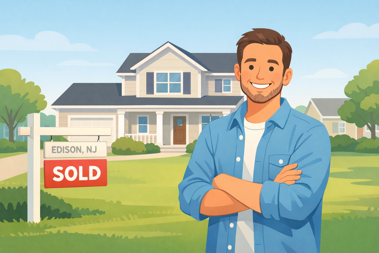 Happy homeowner in front of sold house in Edison NJ after fast cash sale