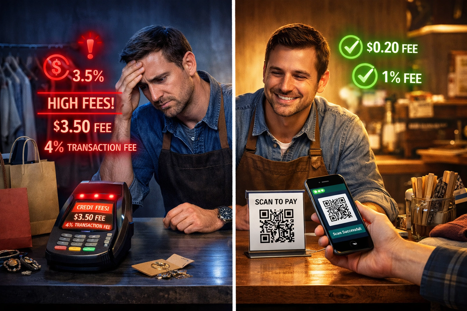 Traditional credit card terminal with high fees vs crypto QR code payment showing merchant cost savings