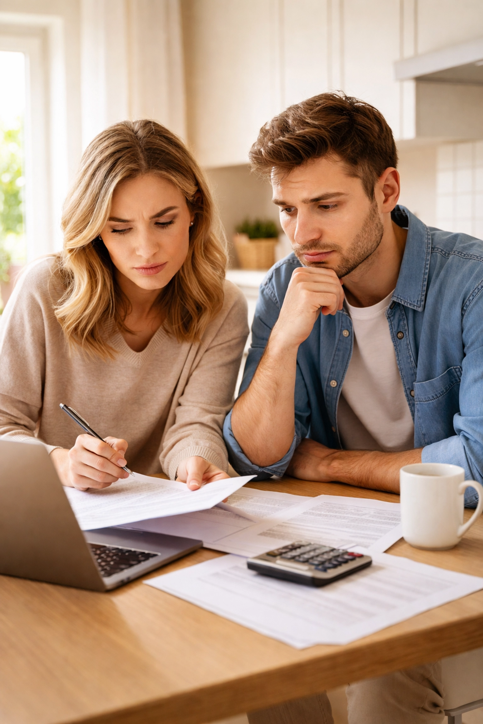 Young Alberta couple reviews mortgage paperwork at kitchen table, facing home financing decisions in a competitive market.
