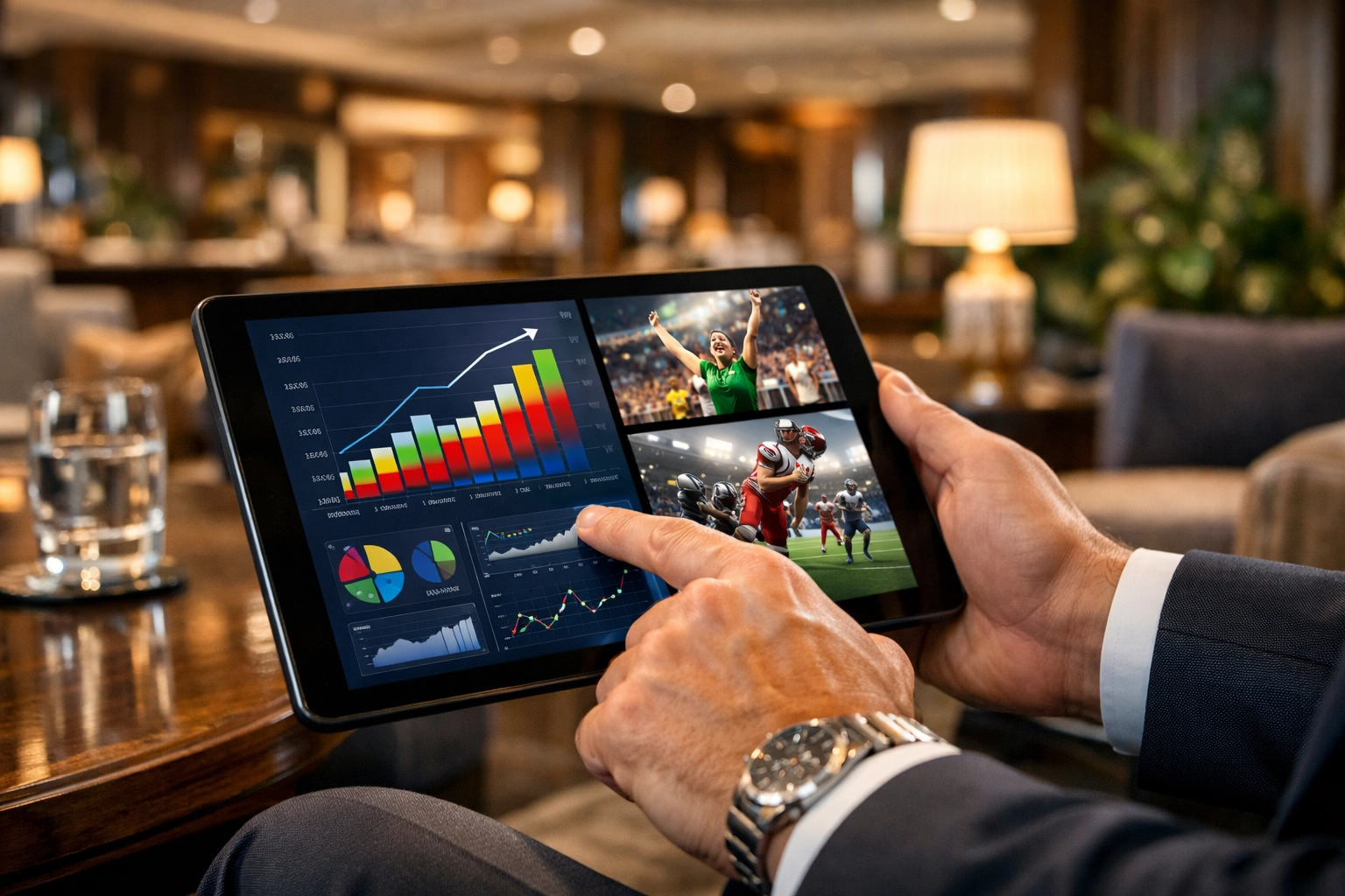 Executive analyzing marketing ROI and lead generation data from a Super Bowl corporate branding campaign.