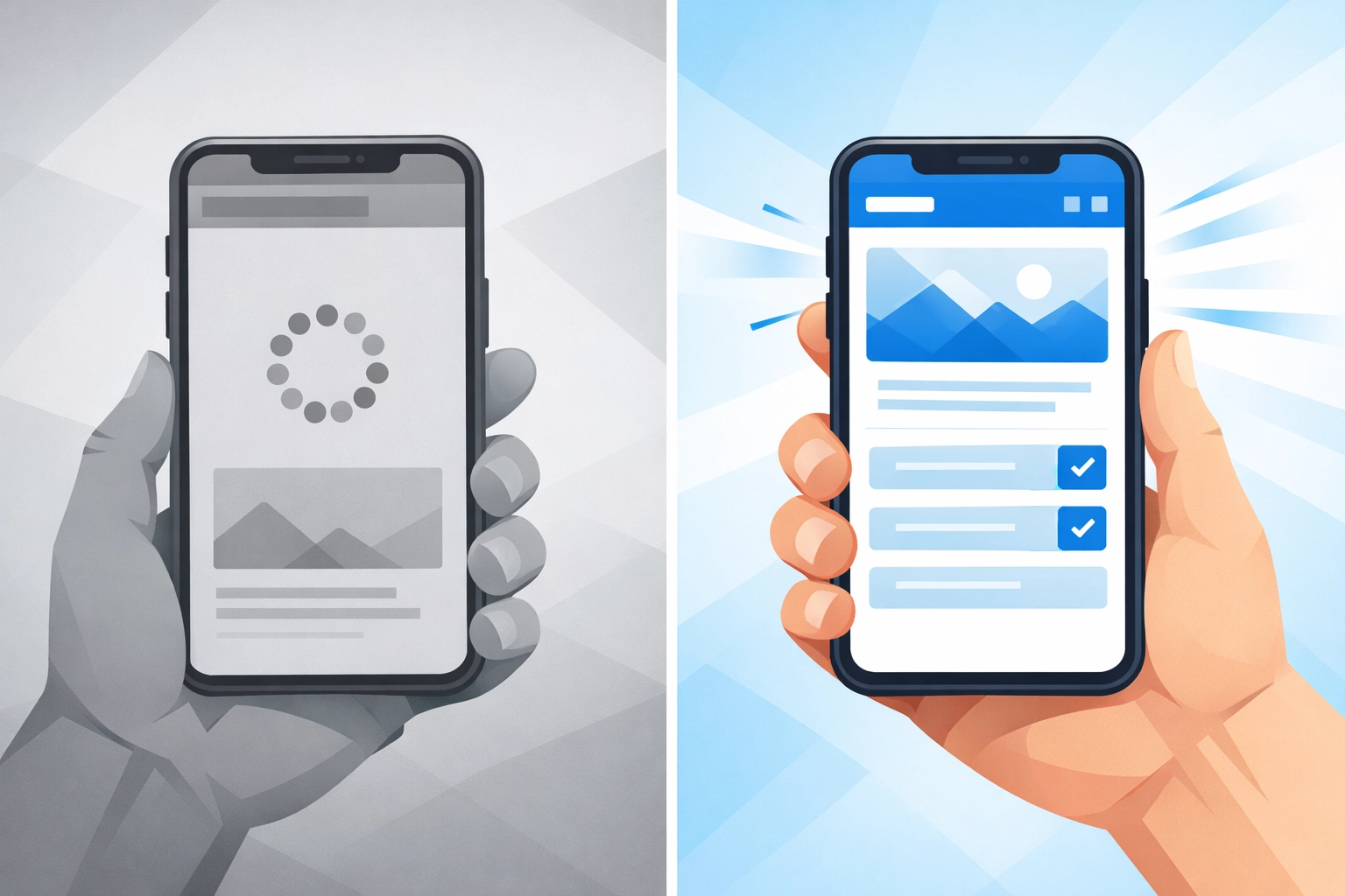 Mobile website loading speed comparison showing slow versus optimized fast-loading performance