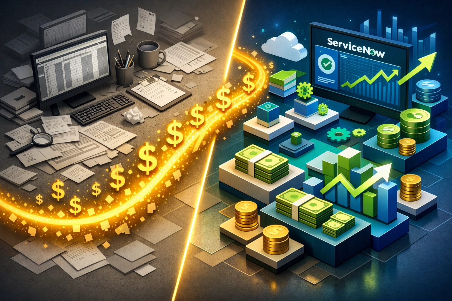 ServiceNow ROI audit comparison: manual processes versus automated ITOM workflows showing cost savings