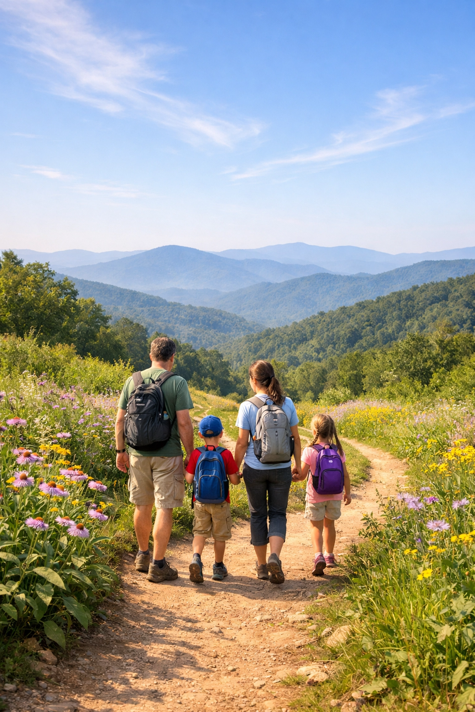 Family hiking trail in Blue Ridge Mountains near Hickory NC with scenic mountain views