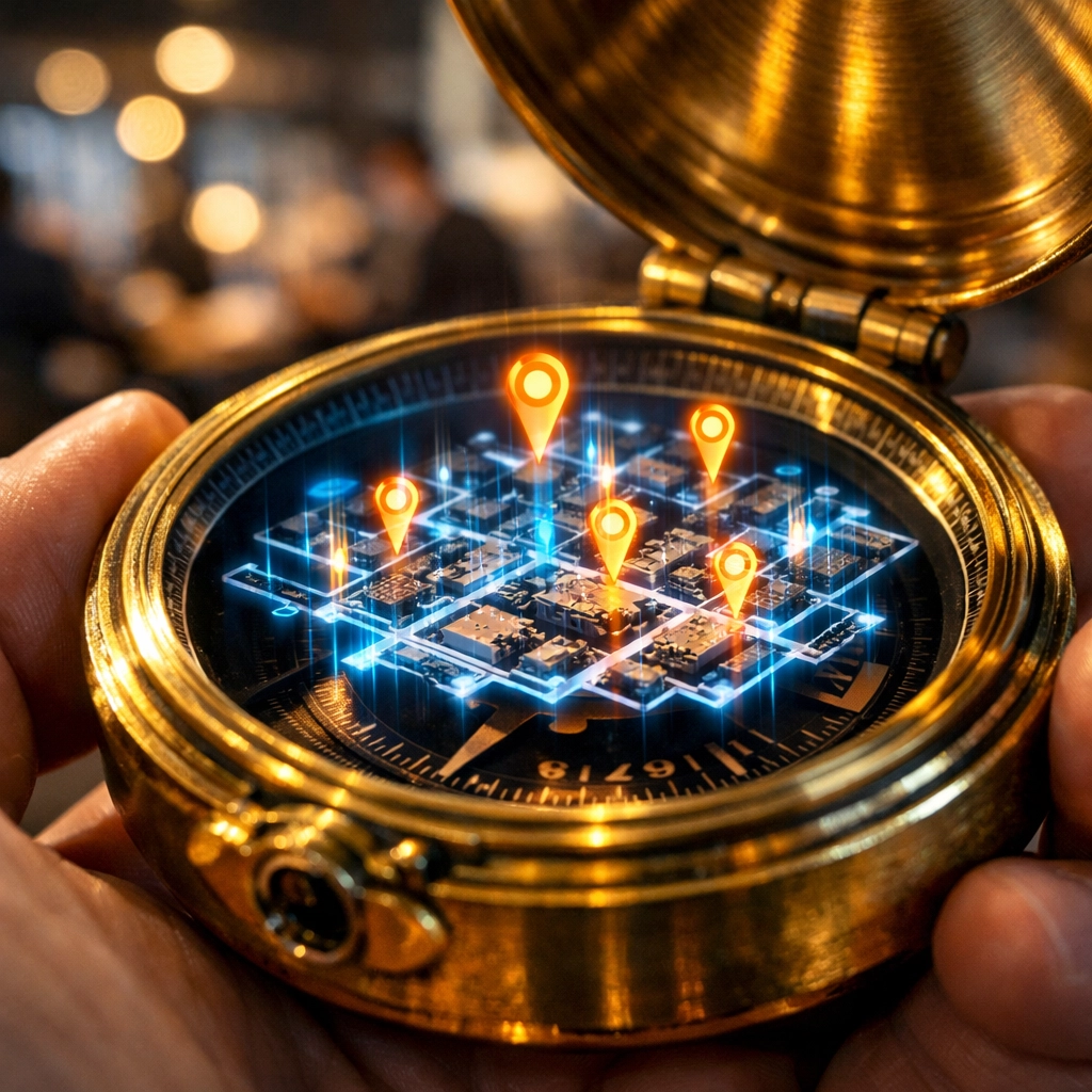 A compass with a local map hologram, showing how expert local SEO services navigate the digital landscape and AI hype.