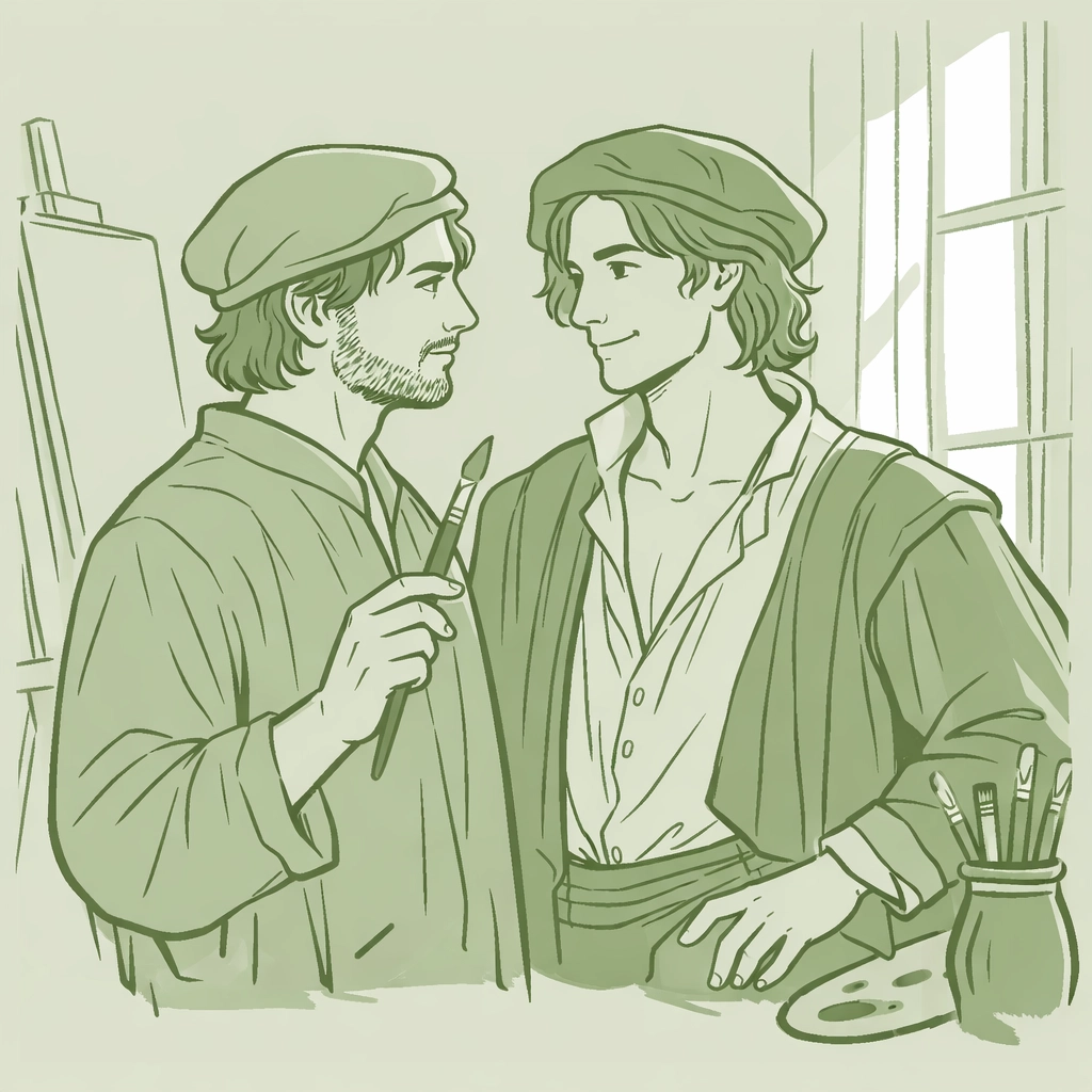 Renaissance artist painting male muse in studio - male love in art history