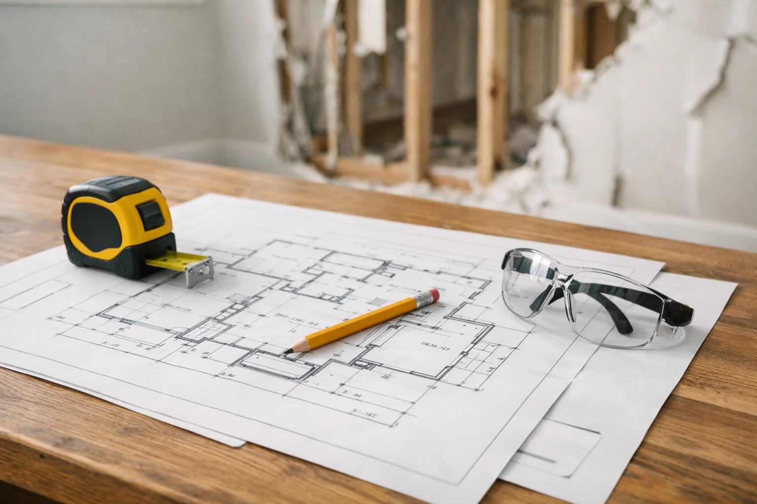 Interior demolition blueprint and planning tools on table with exposed wall studs in background