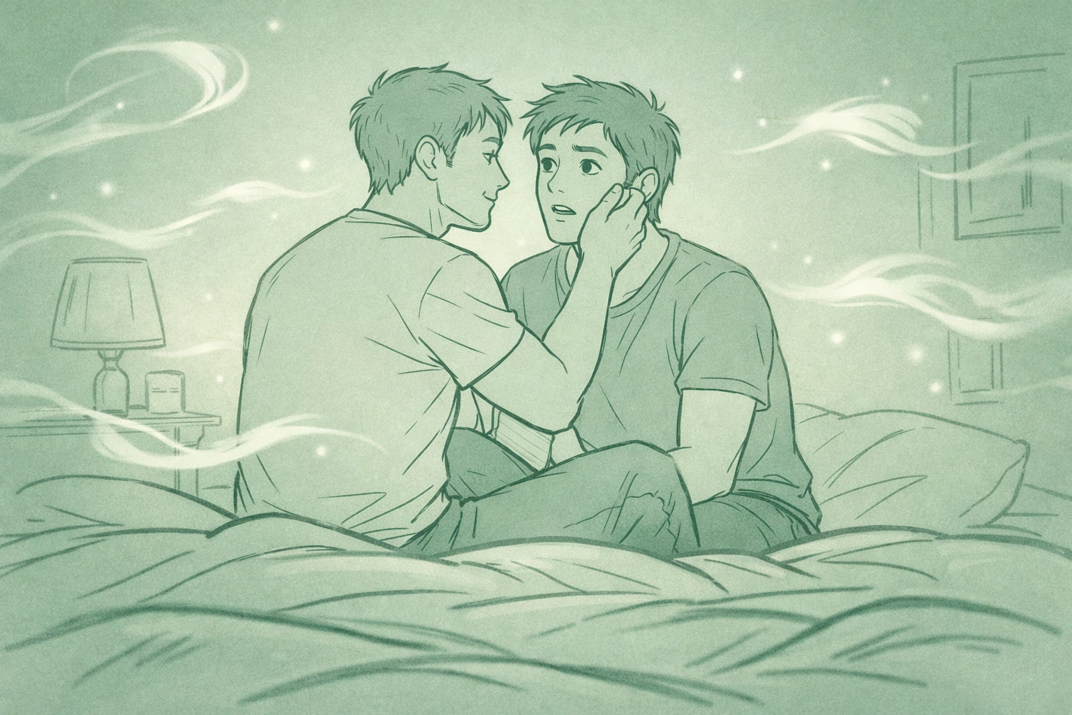 Two men sharing intimate moment in dreamscape - MM romance emotional connection