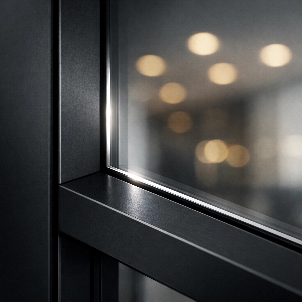 Detailed close-up of premium glass office partitions and sleek metal frames in a high-end office fit out.