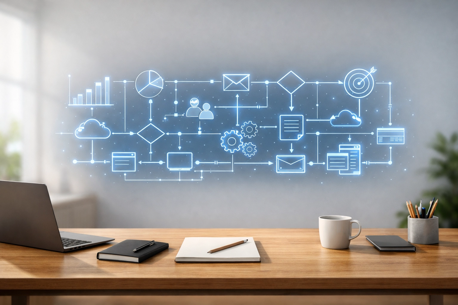 Digital blueprint of an automated business process map for optimized workflow management.
