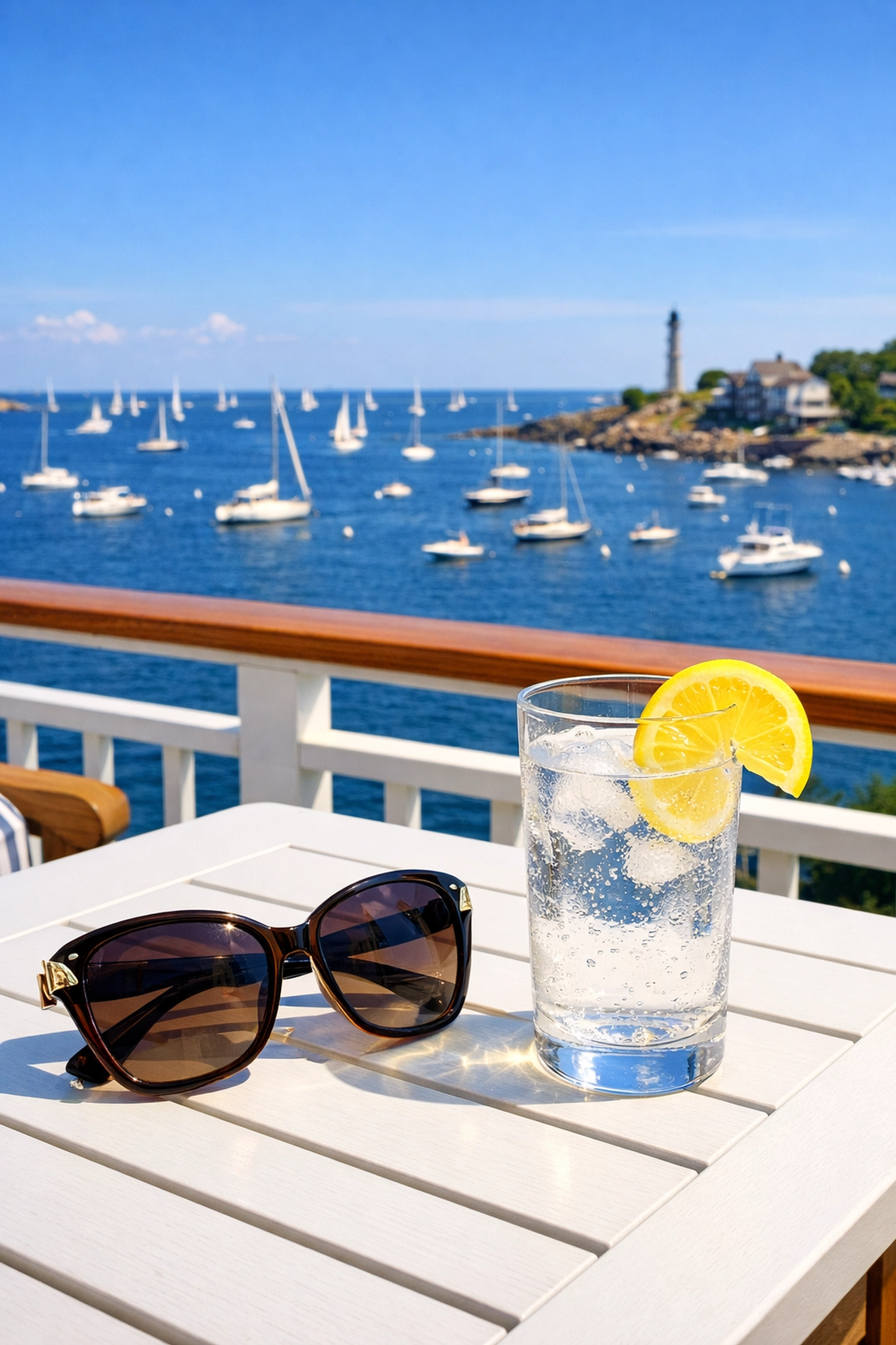 Relaxing Marblehead Harbor balcony view, enjoying free time thanks to luxury residential cleaning.
