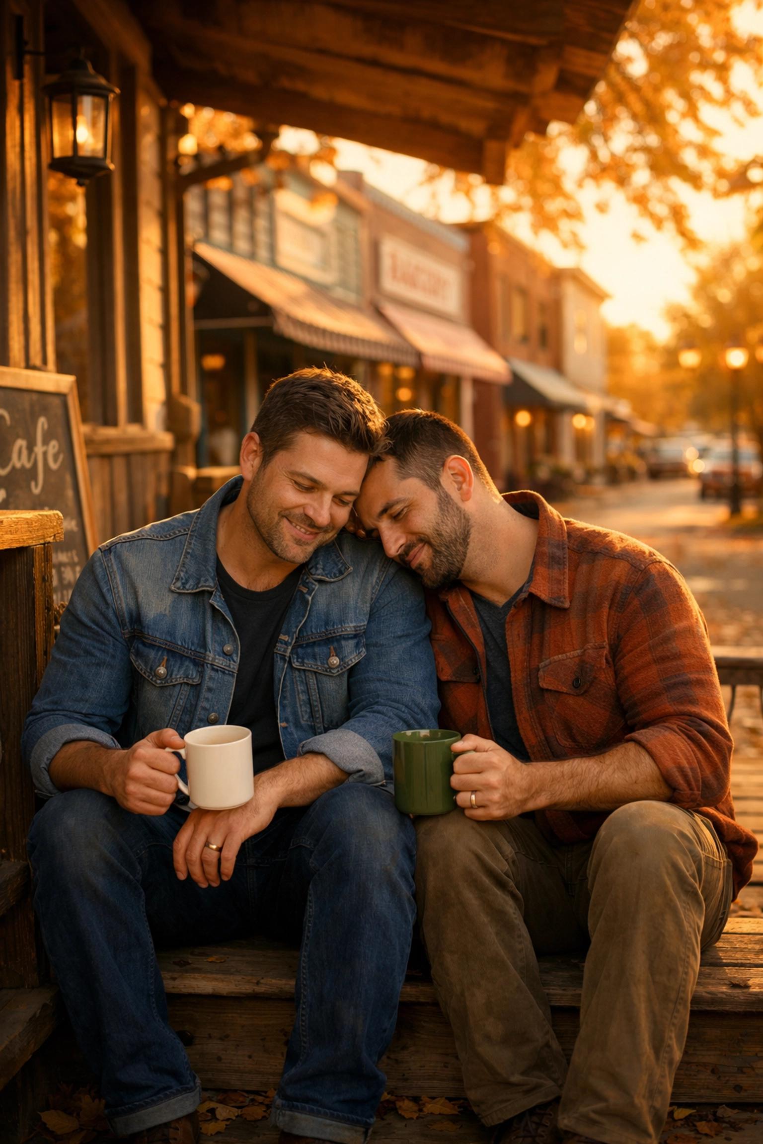 Two men sharing coffee on small-town café porch in LGBTQ+ romance setting