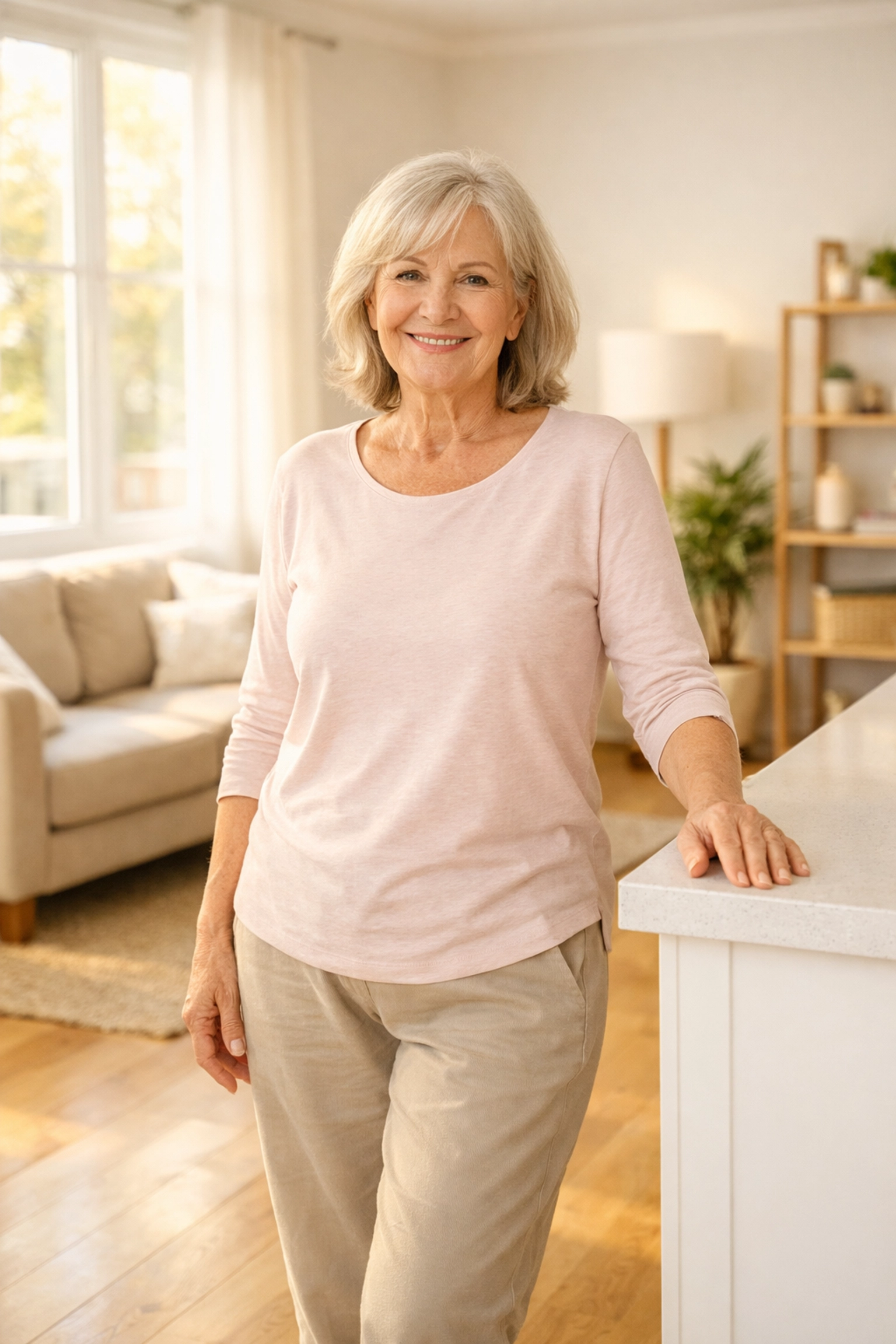 Senior woman standing safely at home with hand on counter for balance support