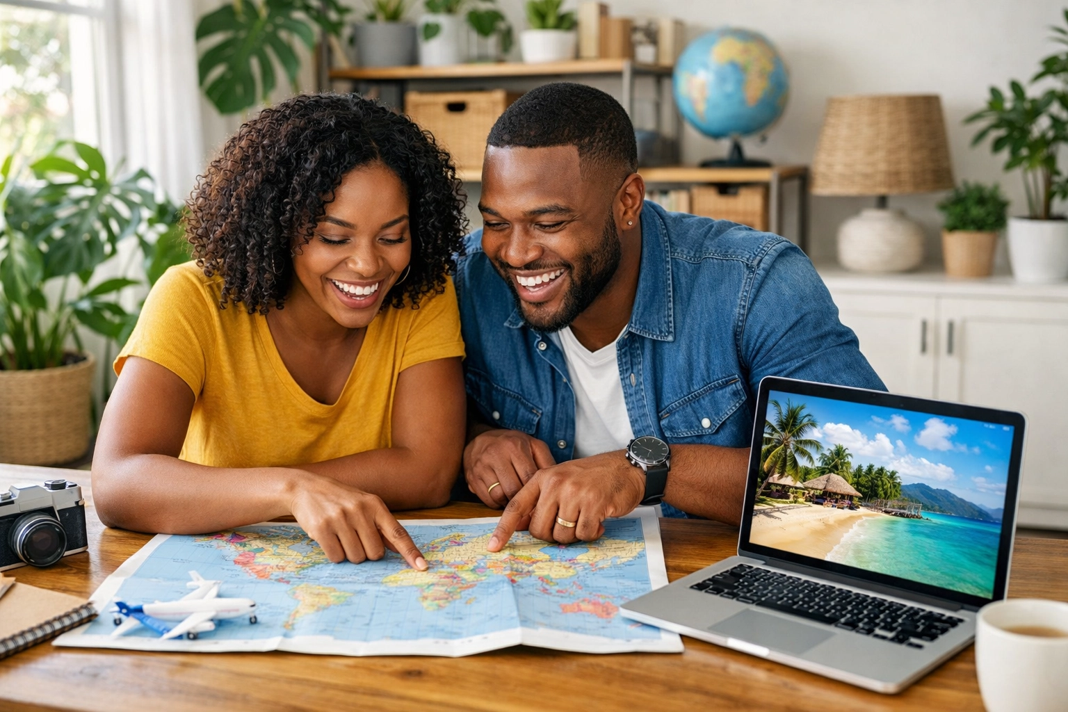 Couple researching destinations together for their first custom travel itinerary with a personal travel planner.