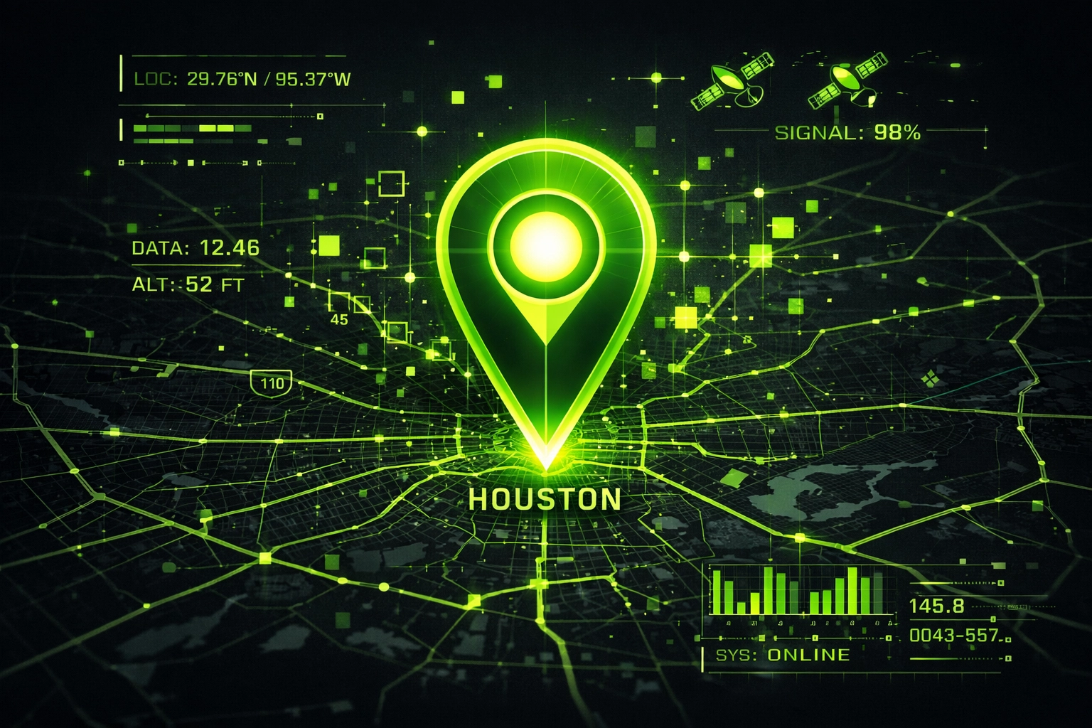 Digital map pin showing precise GPS location for Houston motorcycle towing and winch out services.