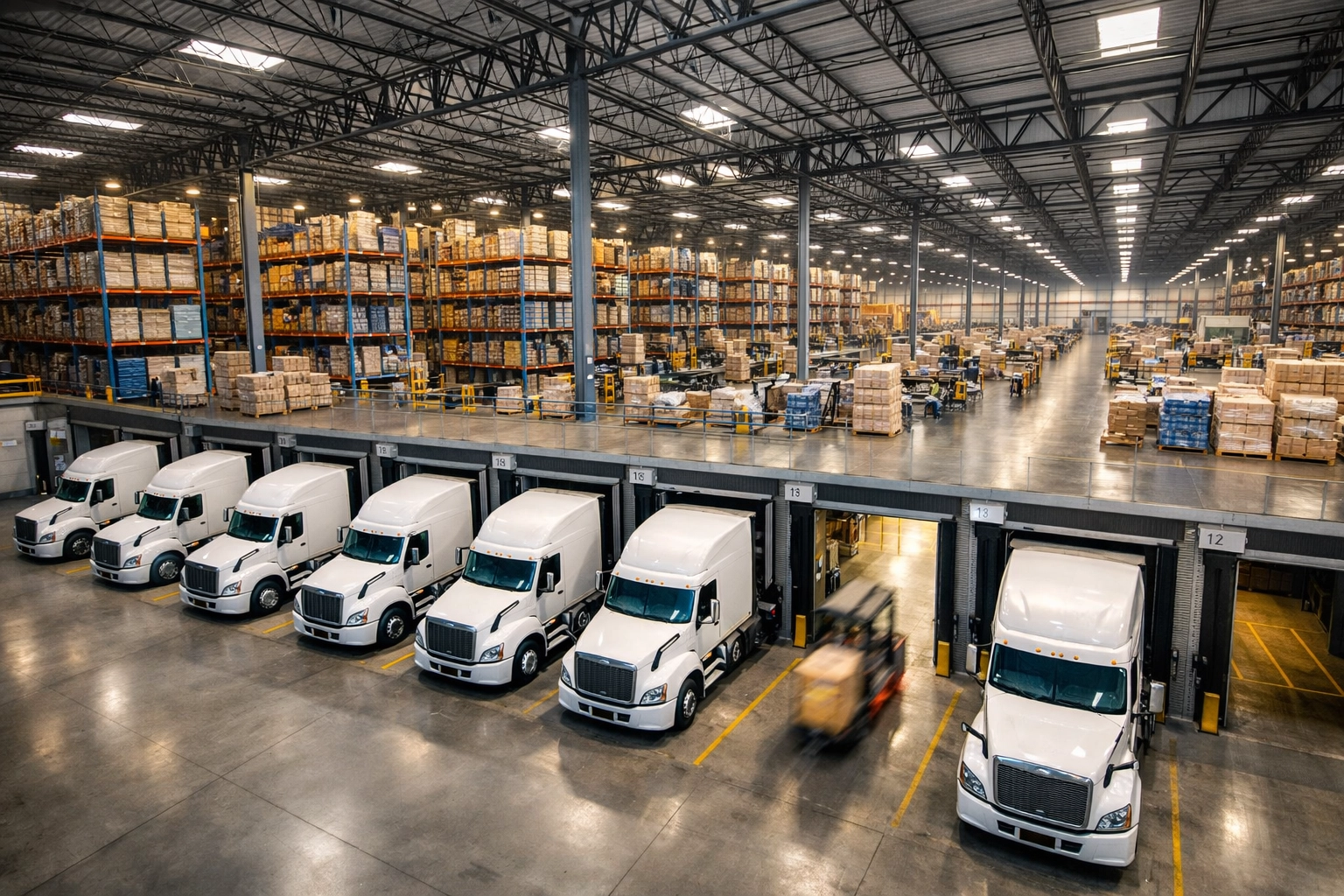 Industrial warehouse with semi-trucks at loading docks showcasing 3PL logistics execution and scalability.