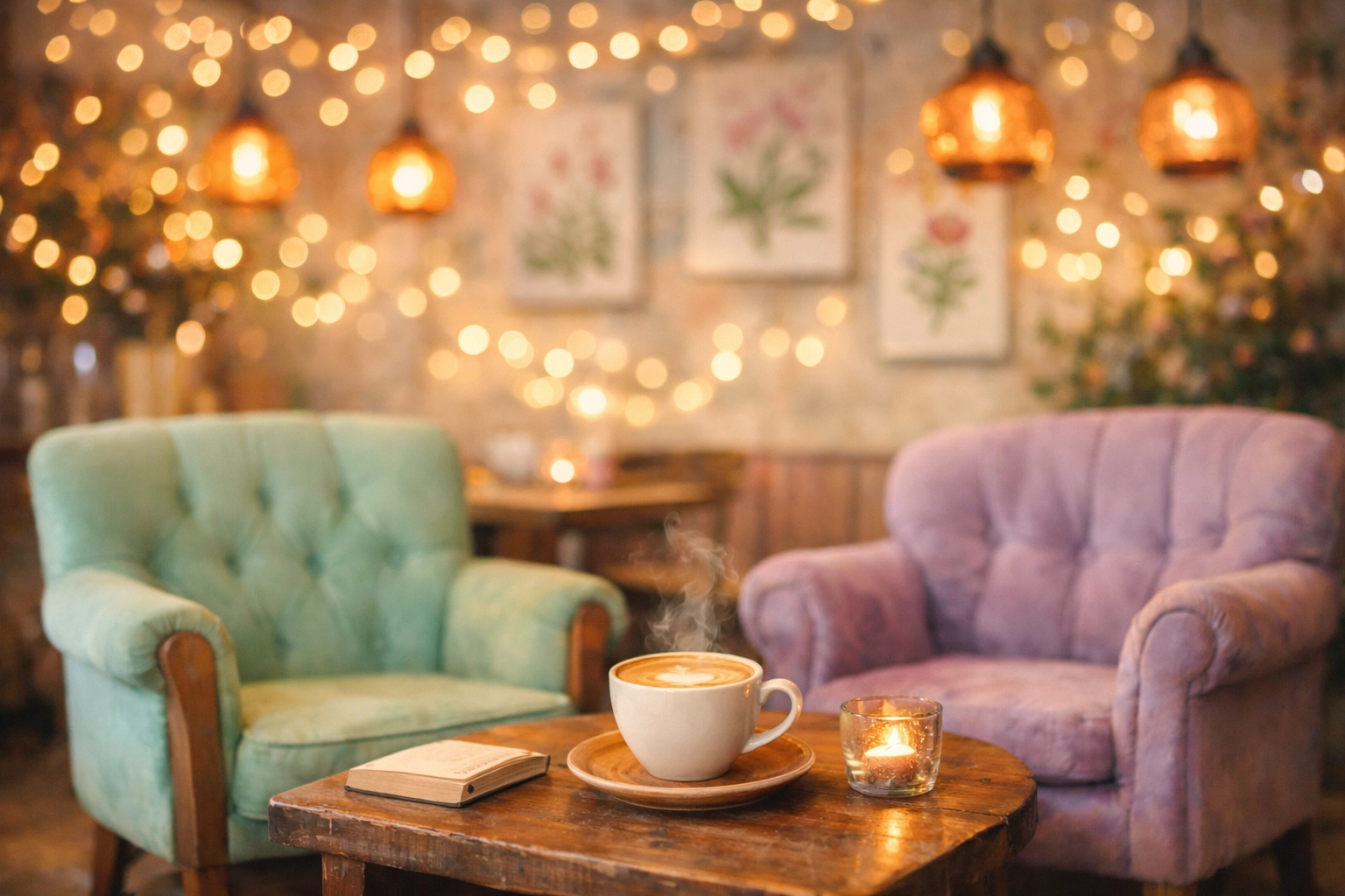 A cozy seating nook with vintage armchairs and fairy lights at Little Dreams Cafe in Felixstowe.