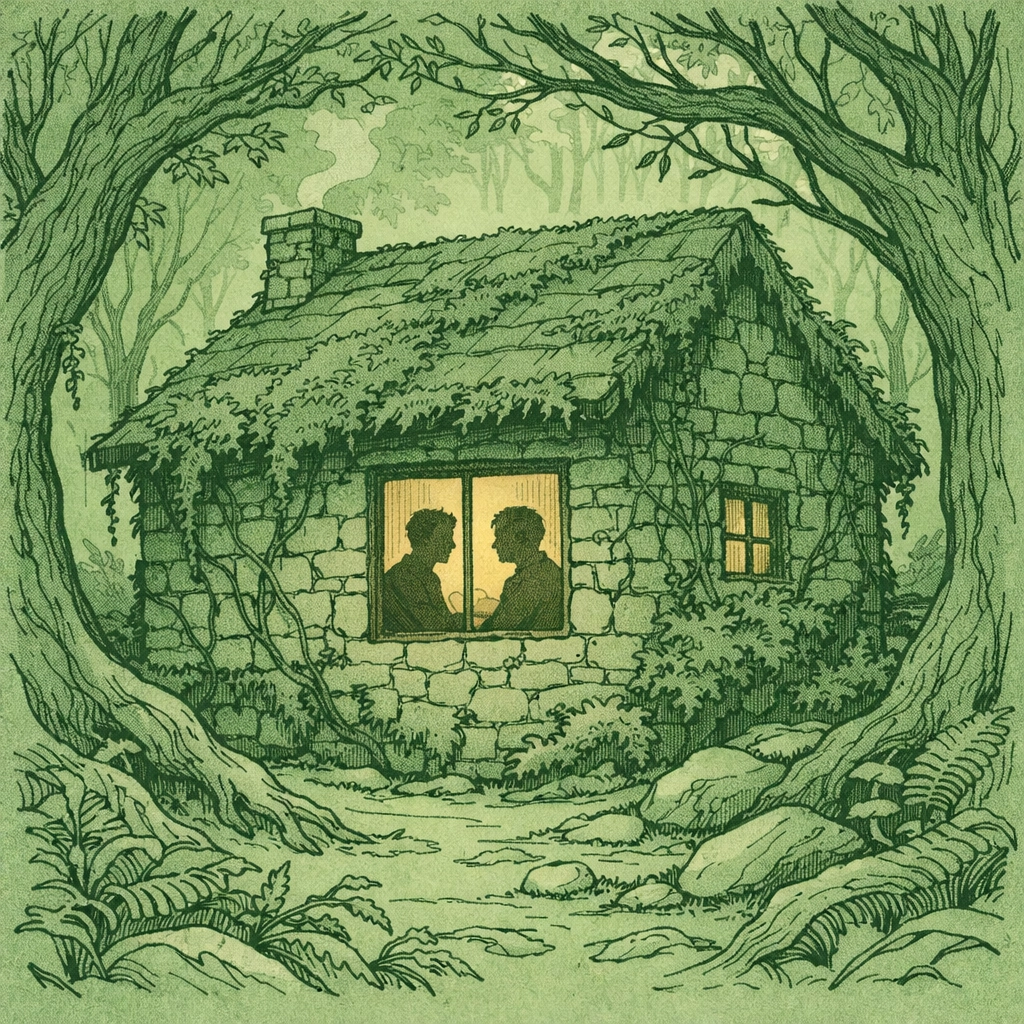 Remote forest cottage refuge - gay fantasy romance setting with two men inside