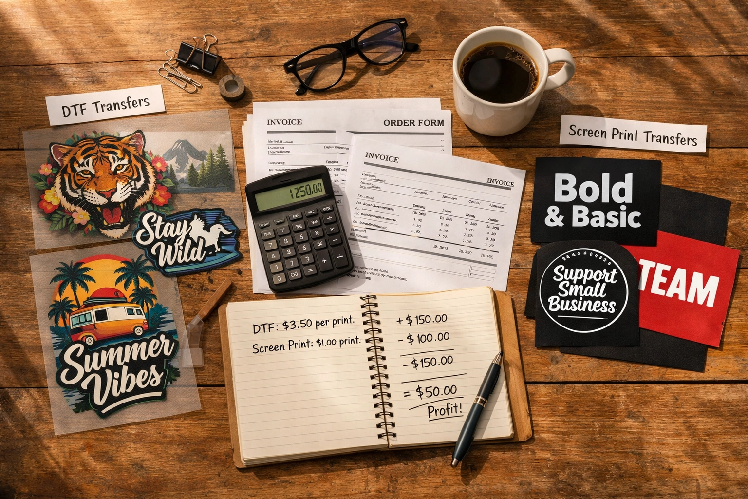Small business workspace showing cost comparison between DTF and screen print transfers