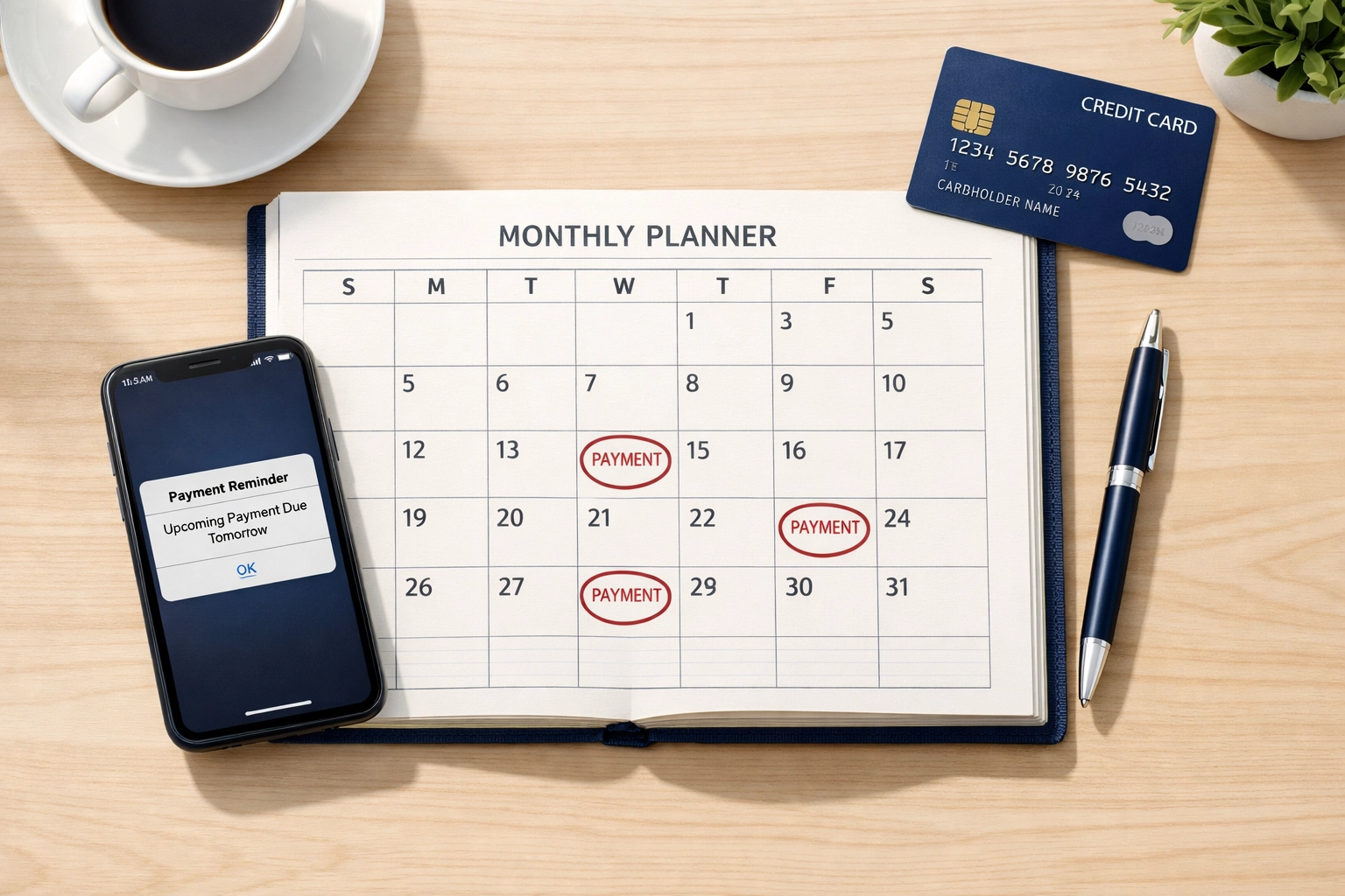 Organized payment calendar with credit card showing on-time payment tracking system