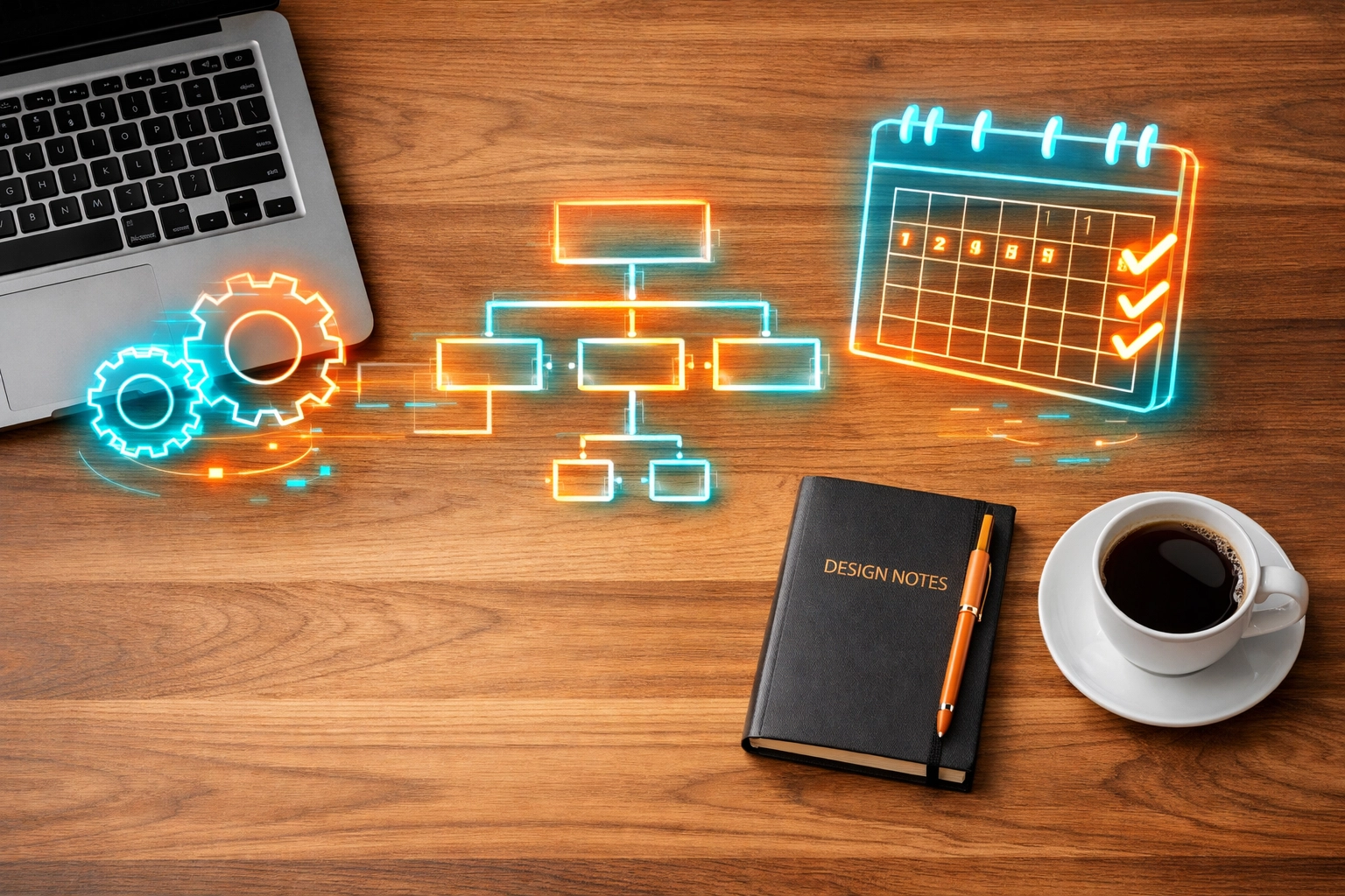 Workflow automation tools managing tasks and digital schedules on a professional desk.