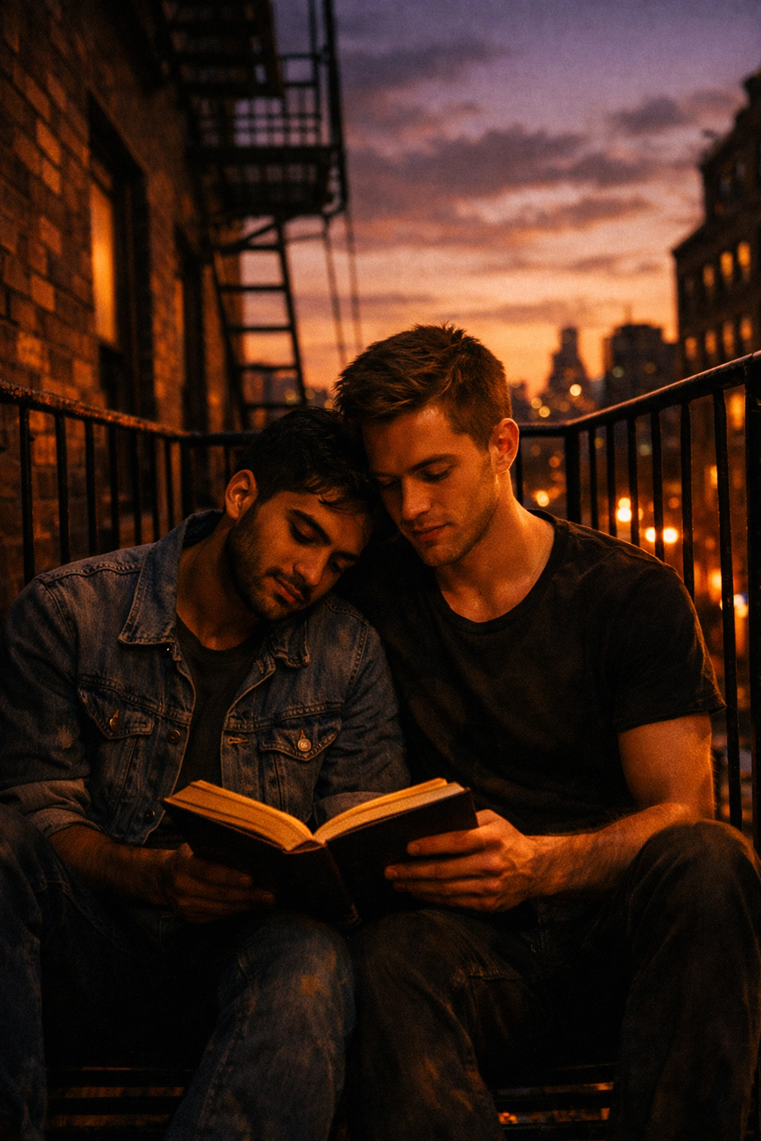Two men of diverse backgrounds sitting on a sunset fire escape reading together, reflecting queer belonging and romance.