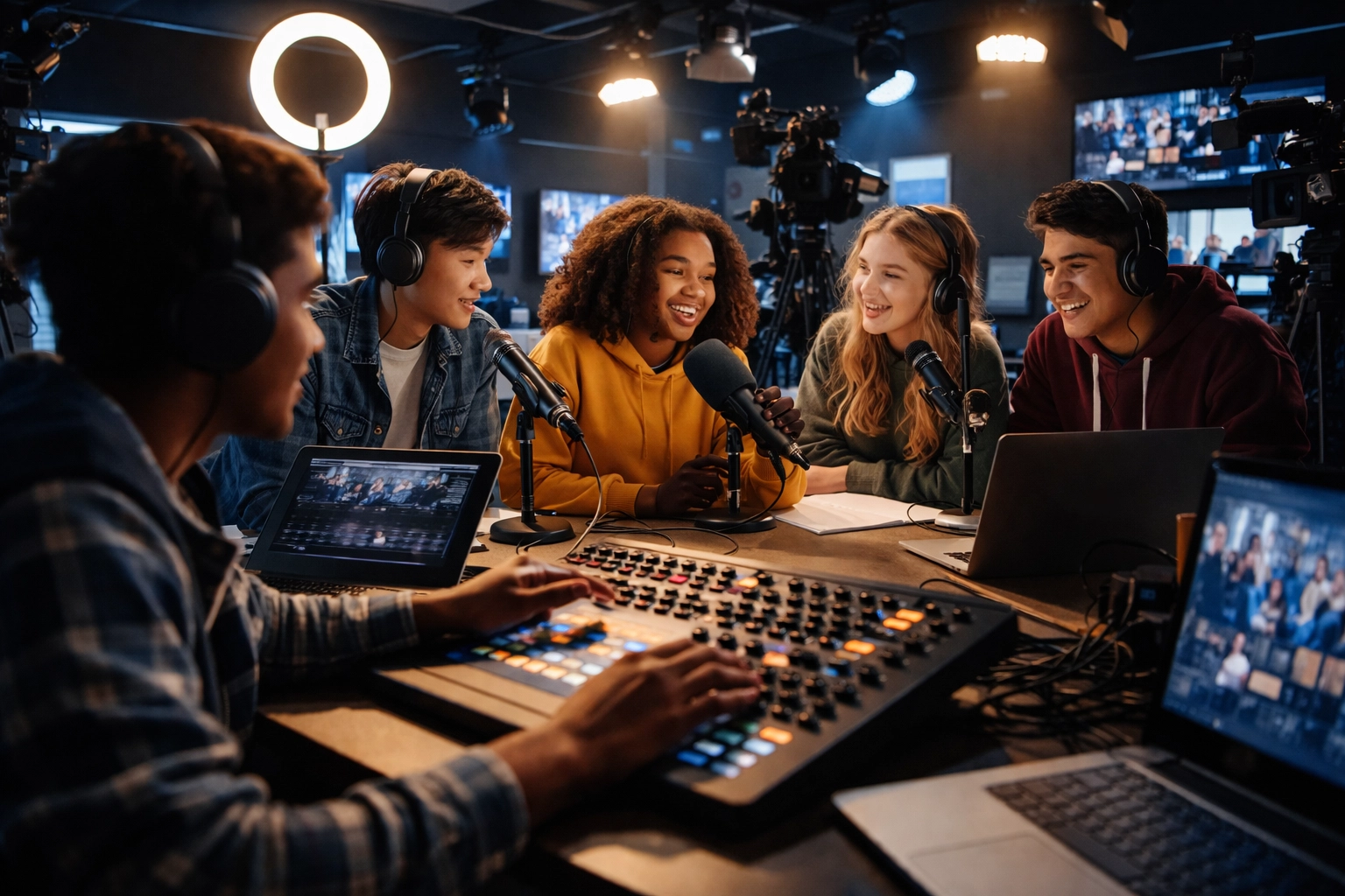 Diverse students collaborate in a professional streaming studio, illustrating career-focused learning and workforce development.