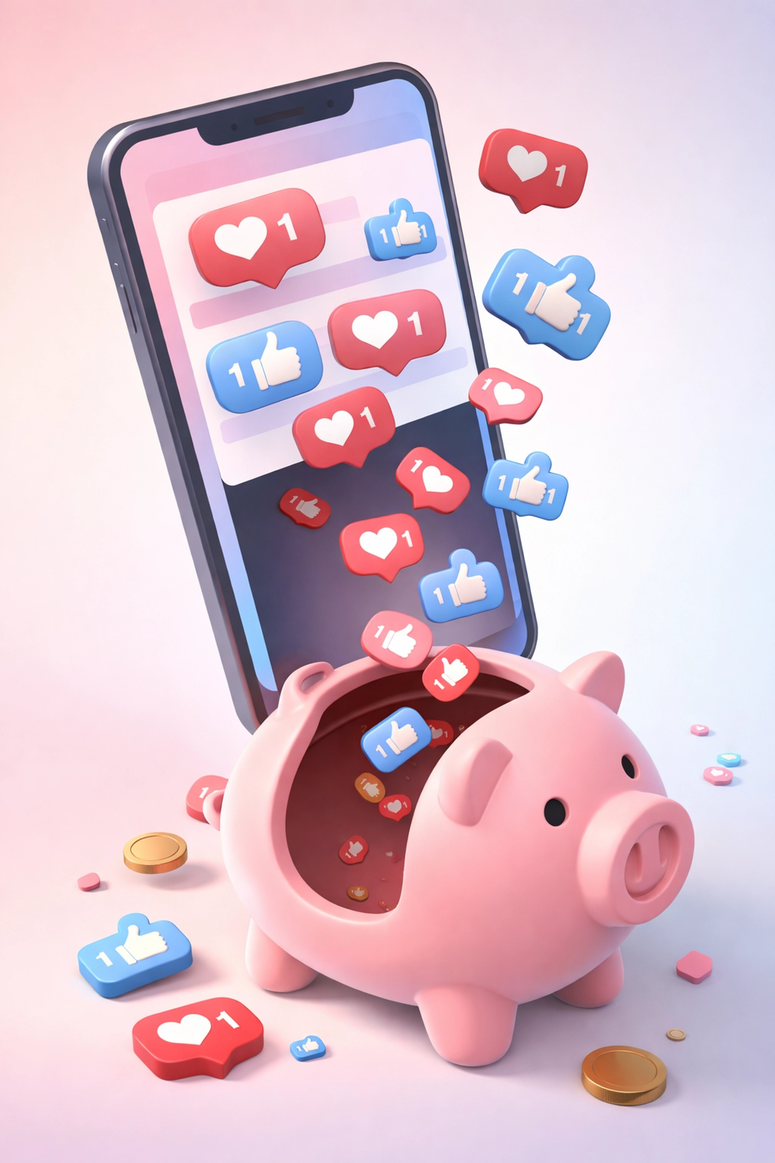 Notifications de likes et cœurs tombant dans une tirelire vide, illustrant l'impact limité des vanity metrics.