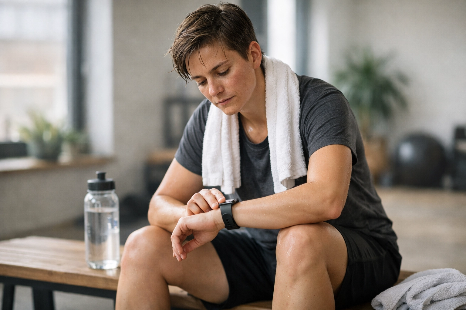 Tired athlete sitting on a gym bench checking a smartwatch during recovery