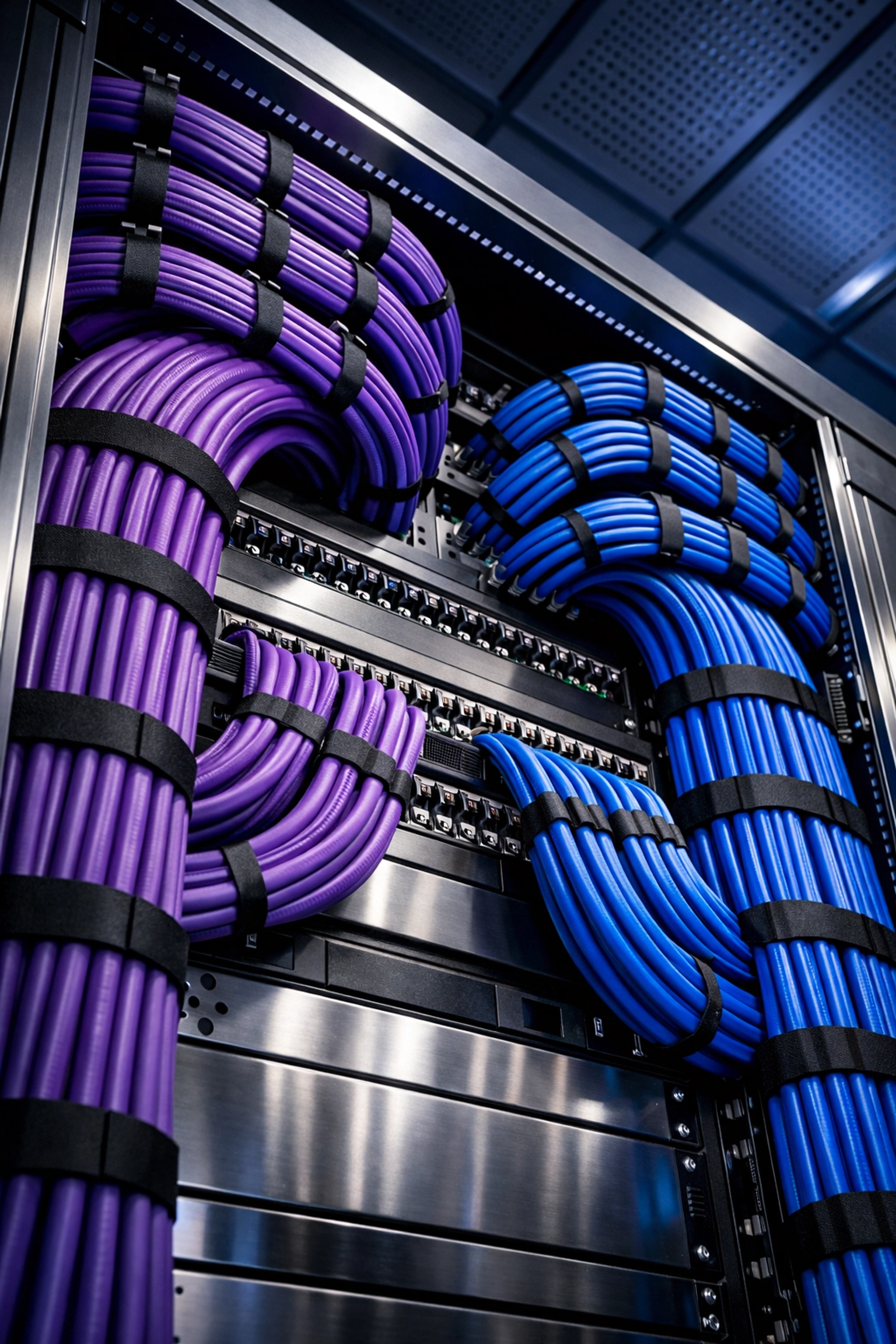 Expertly organized structured cabling services in a server rack for reliable business network performance.