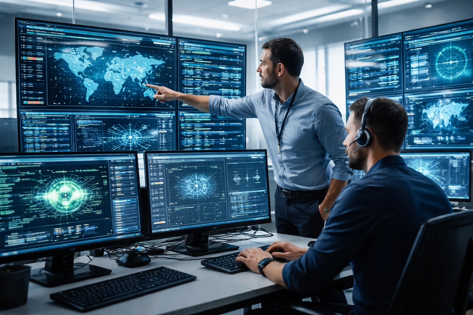 Cybersecurity professionals monitor dashboards, demonstrating ServiceNow AI Agents in advanced operations management.