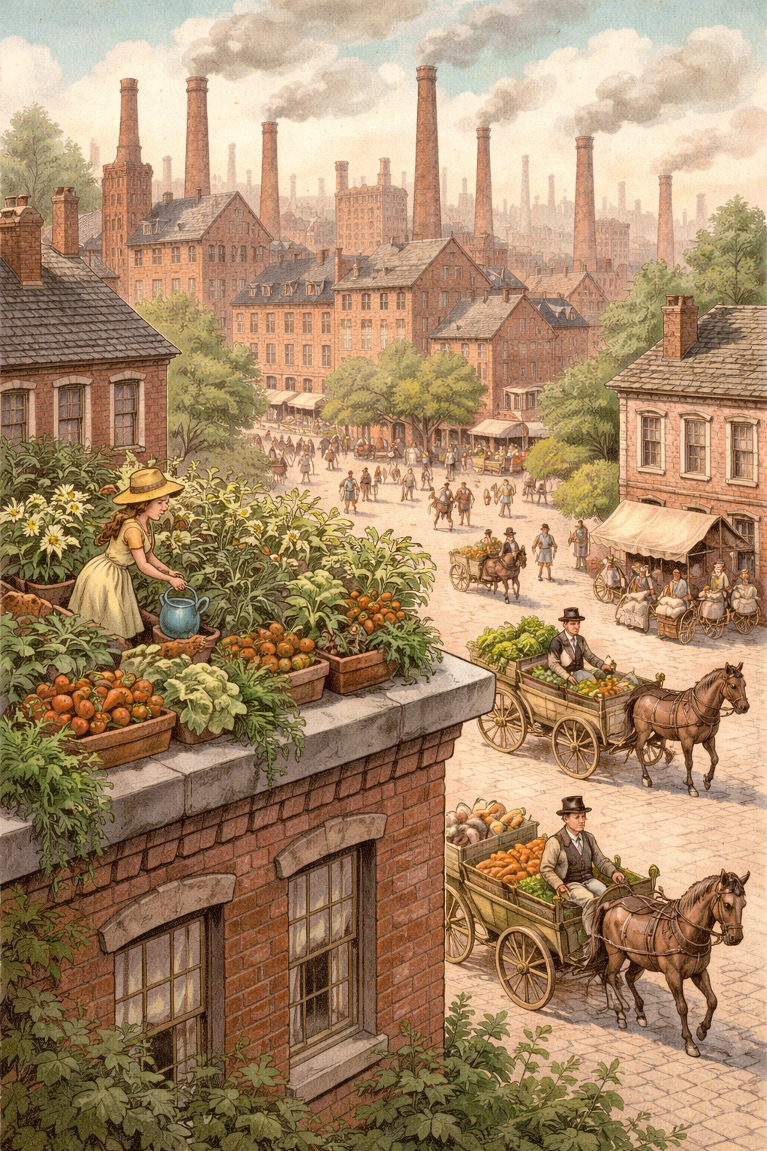 Victorian-era city with rooftop garden amidst brick factories, showing the roots of urban agriculture and early indoor farming.