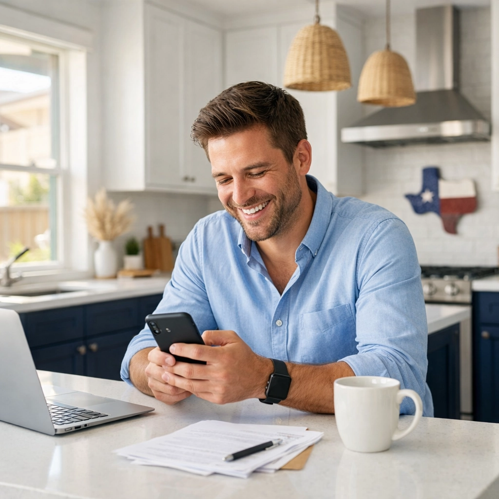 A man tracking his credit score improvement on a smartphone app in a sun-lit Texas home.