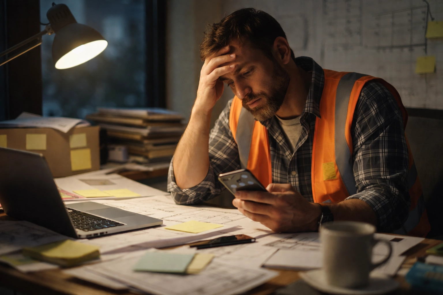 Overwhelmed contractor at cluttered desk late at night, stressed by lack of business systems and organization.