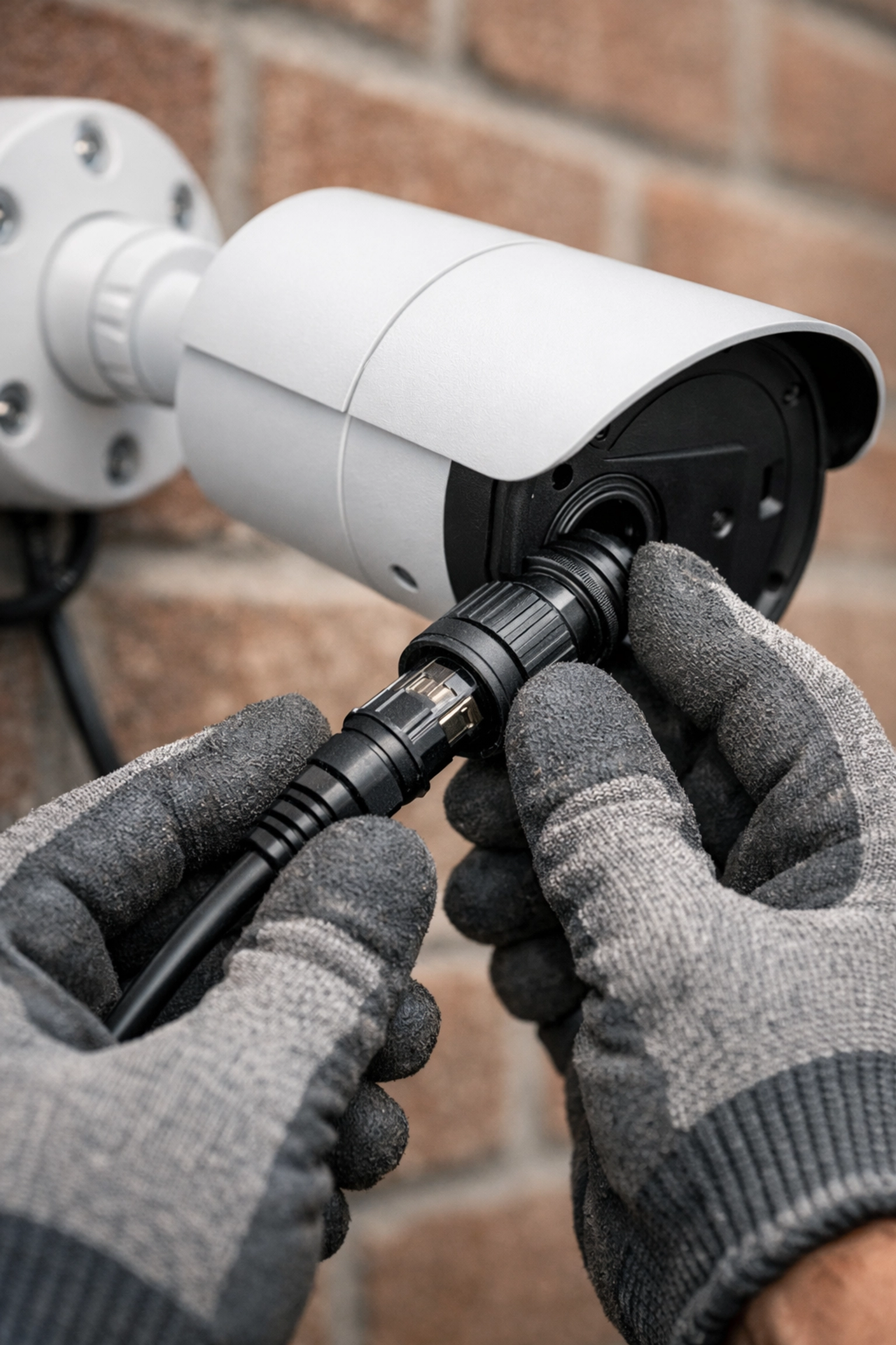 Security technician installing a shielded data cable into a professional CCTV camera system.