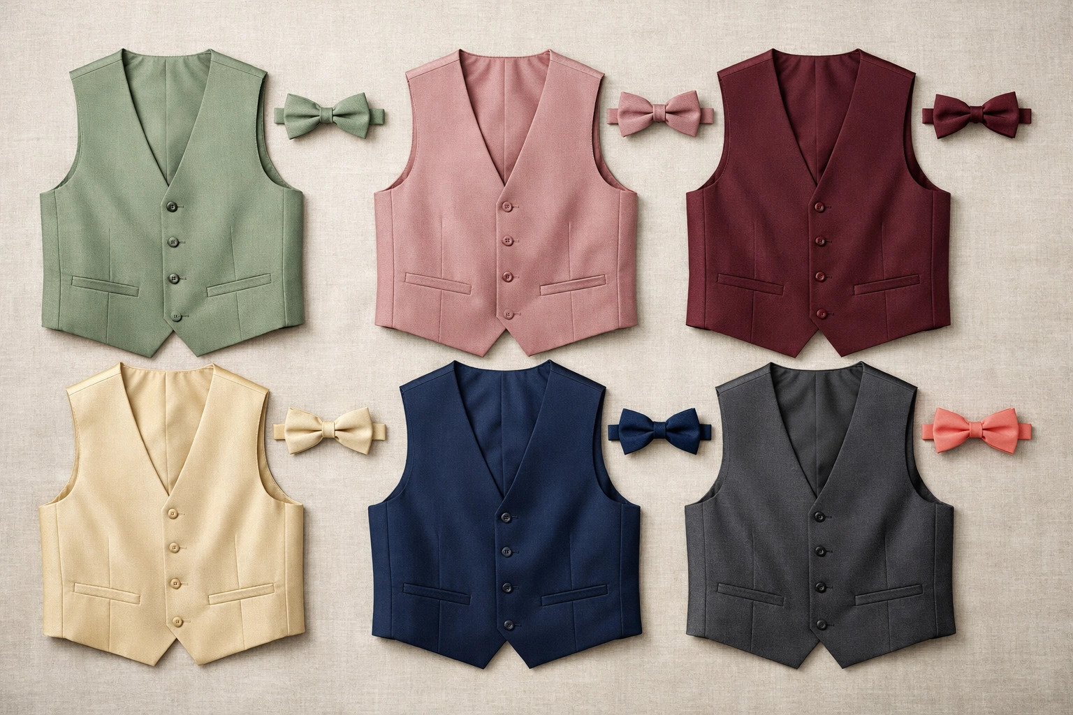 Diverse wedding color palette showing formal wear vests and bow ties for rental inventory