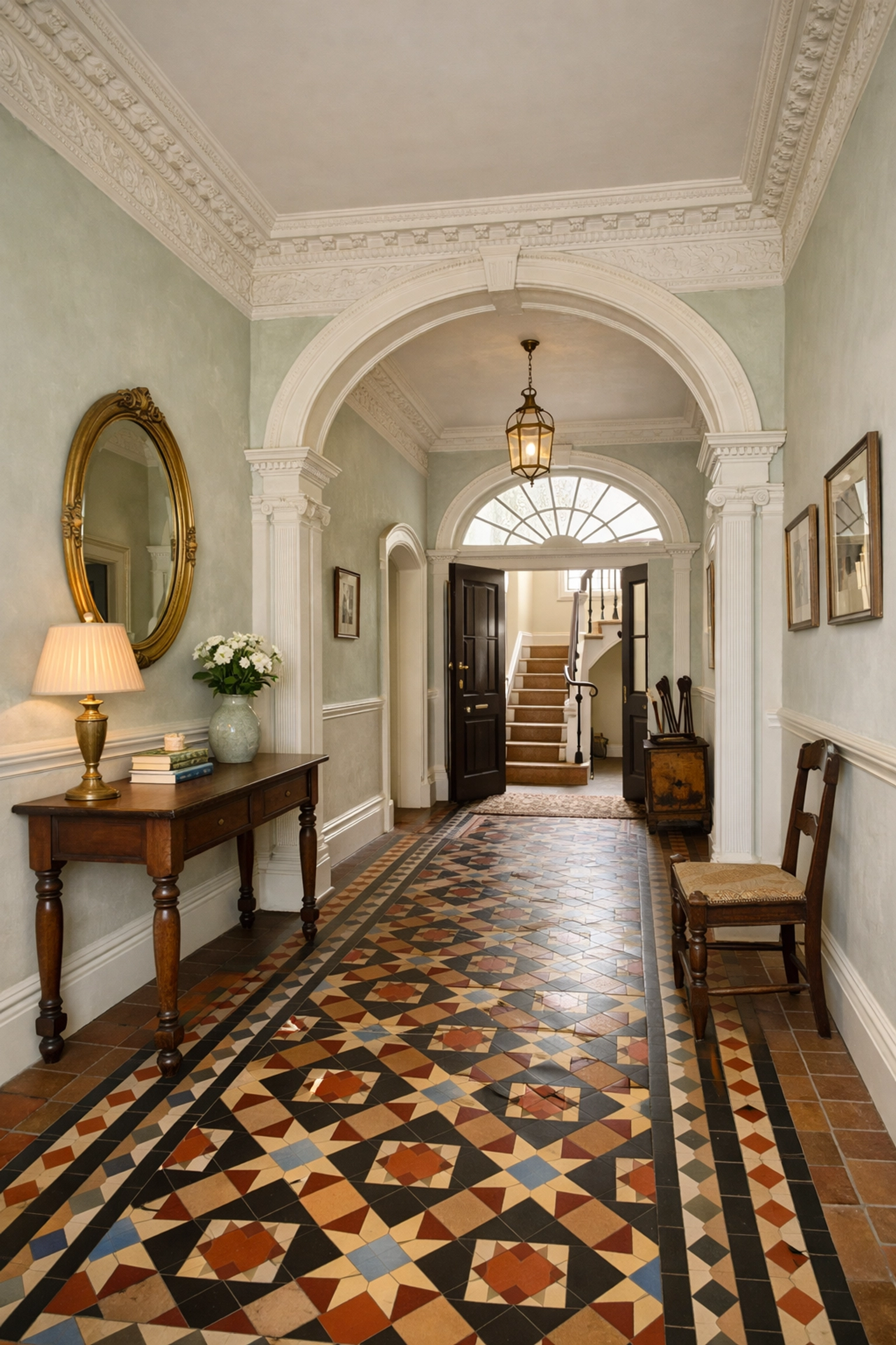 Georgian hallway with restored features and limewash walls in Cheltenham