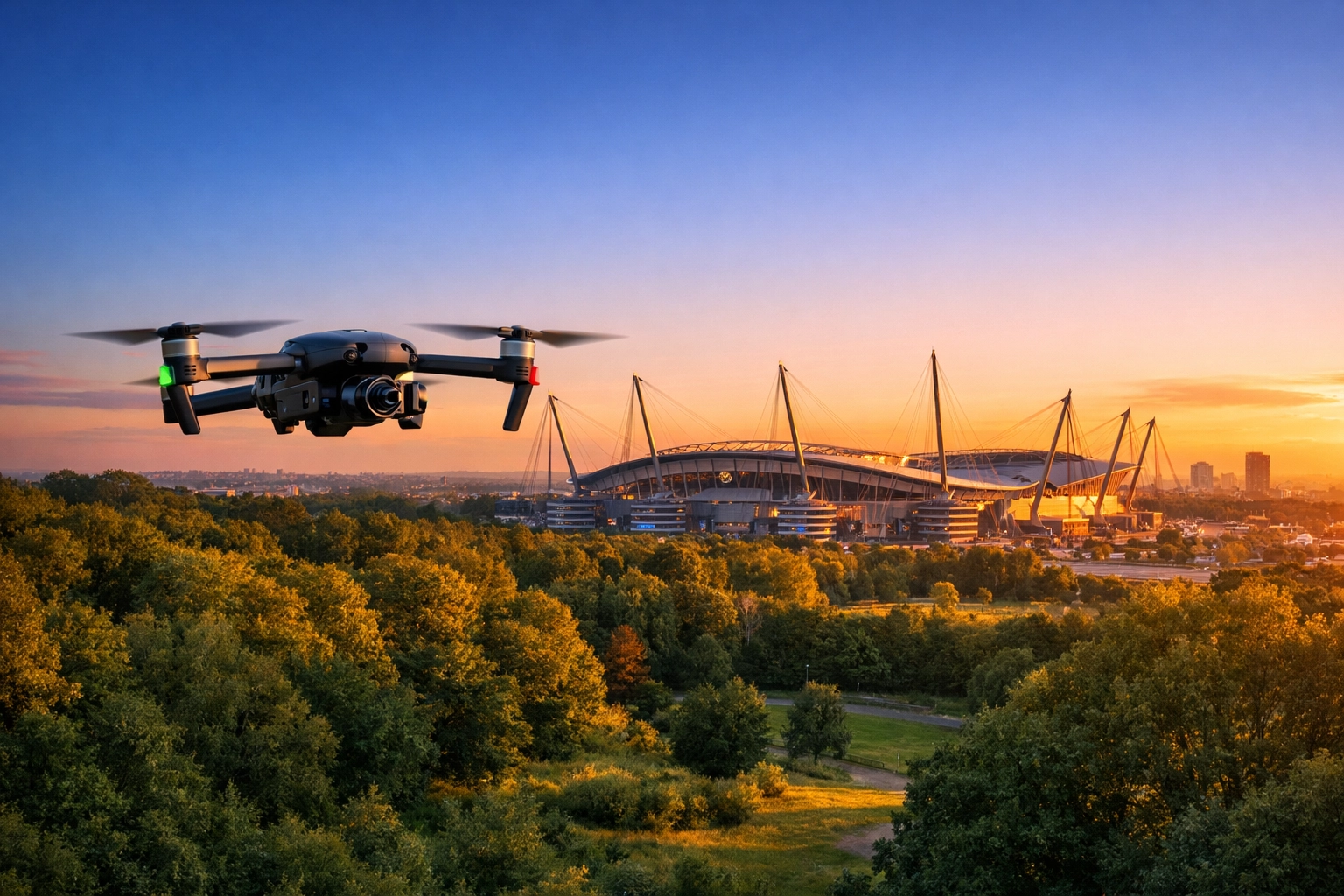 Aerial view of a drone ash scattering ceremony near the Etihad Stadium and Philips Park in Manchester.